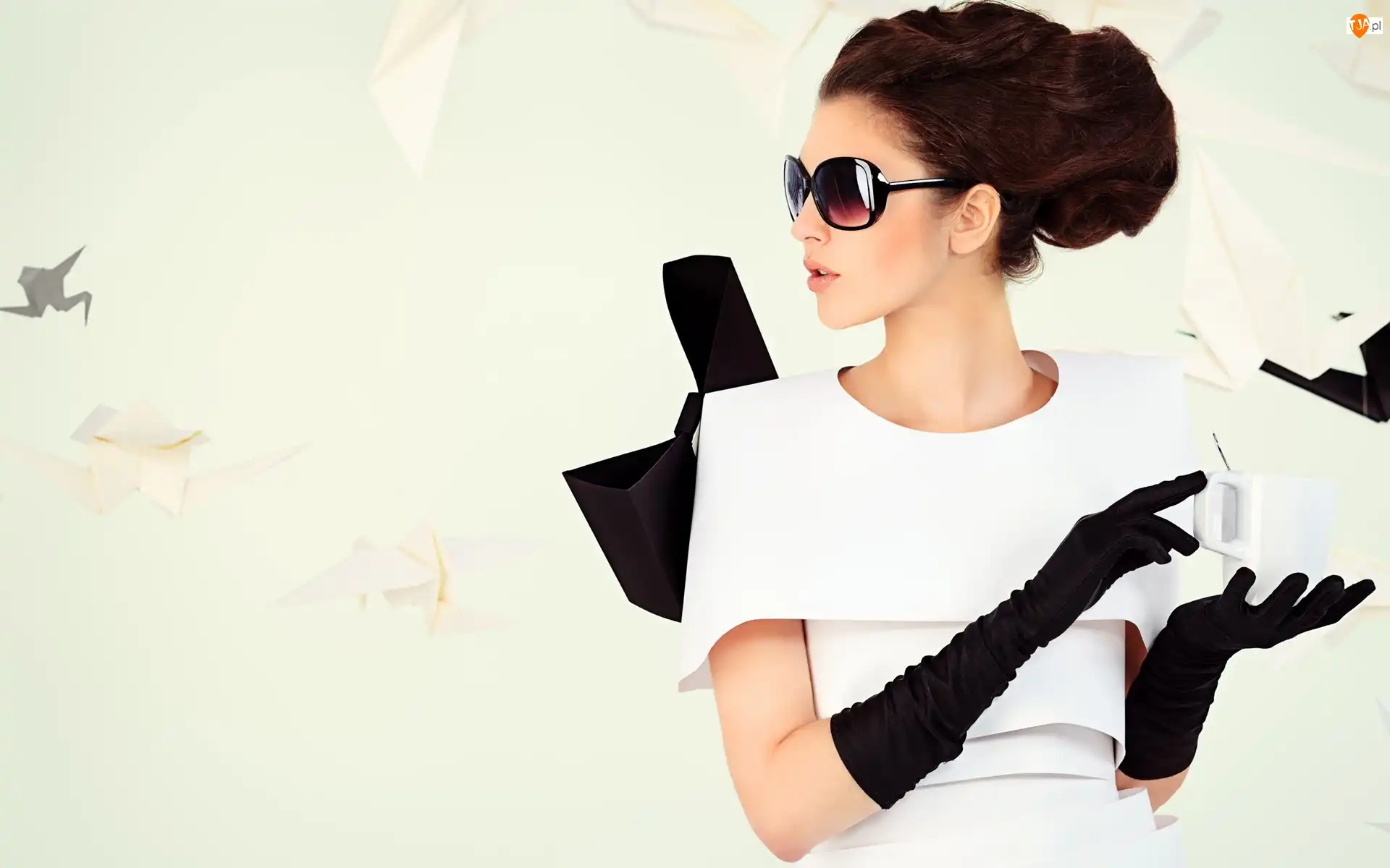 Okulary, Rękawiczki, Moda i Styl, Kobieta, Czerne