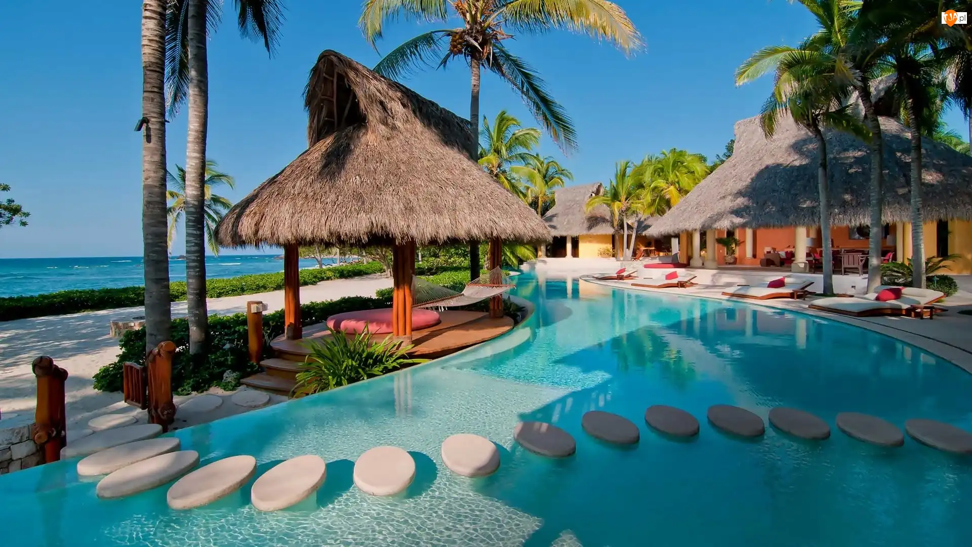 Palmy, Basen, Hotel, Tropiki, Domy, Ocean
