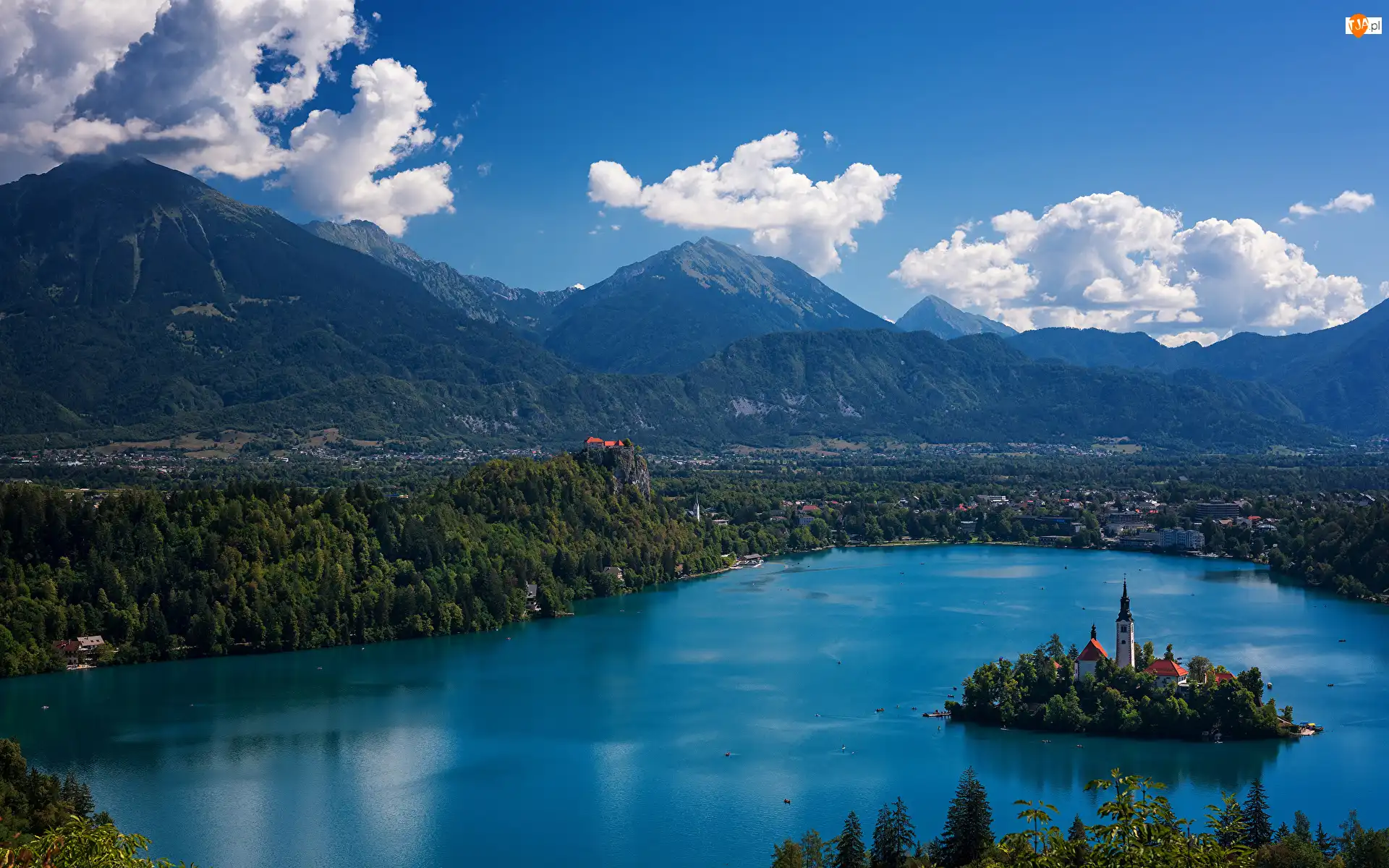 Jezioro Bled, Słowenia, Blejski Otok, Góry, Wyspa, Kościółek