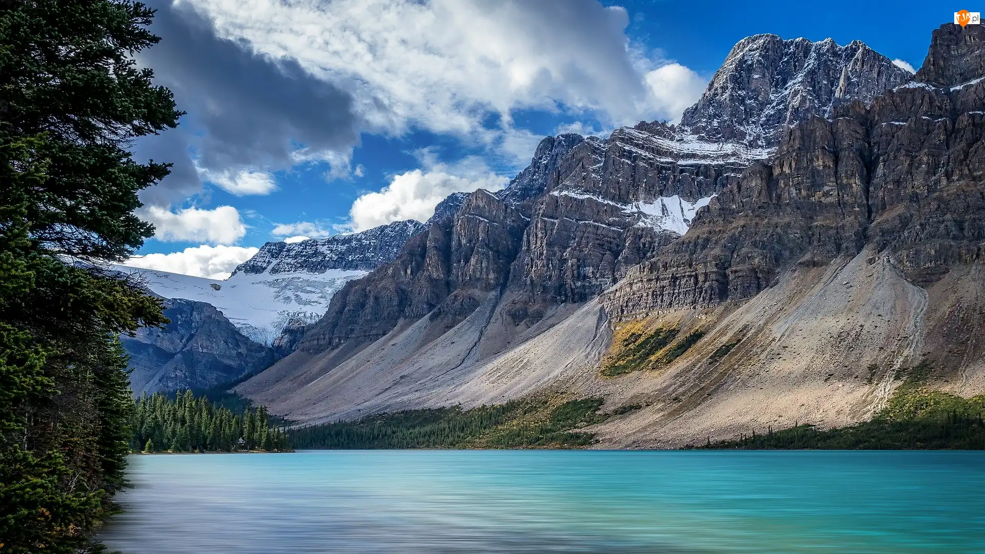 Alberta, Góra, Kanada, Bow Lake, Park Narodowy Banff, Crowfoot Mountain, Drzewa, Góry, Jezioro