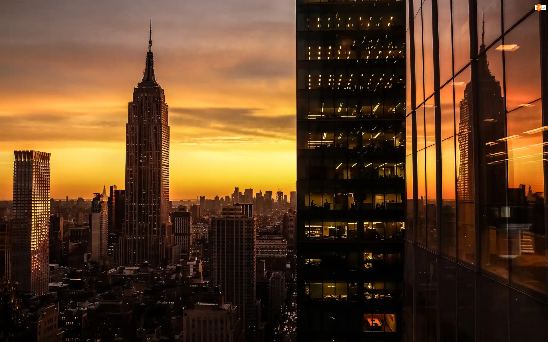 Jork, Drapacze, Słońca, Nowy, Zachód, Manhattan, Chmur