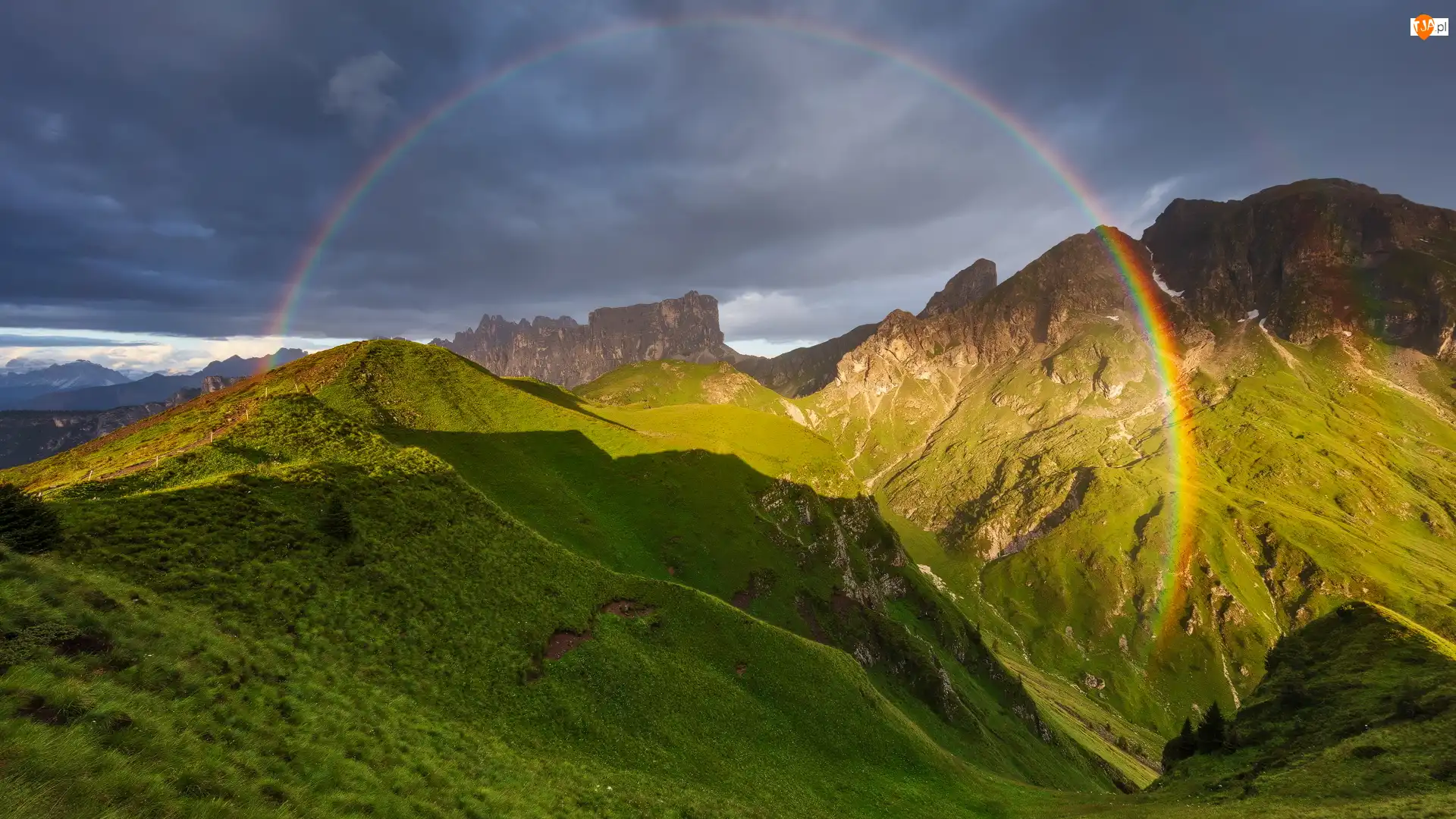 Dolomity, Góry, Chmury, Włochy, Ciemne, Tęcza