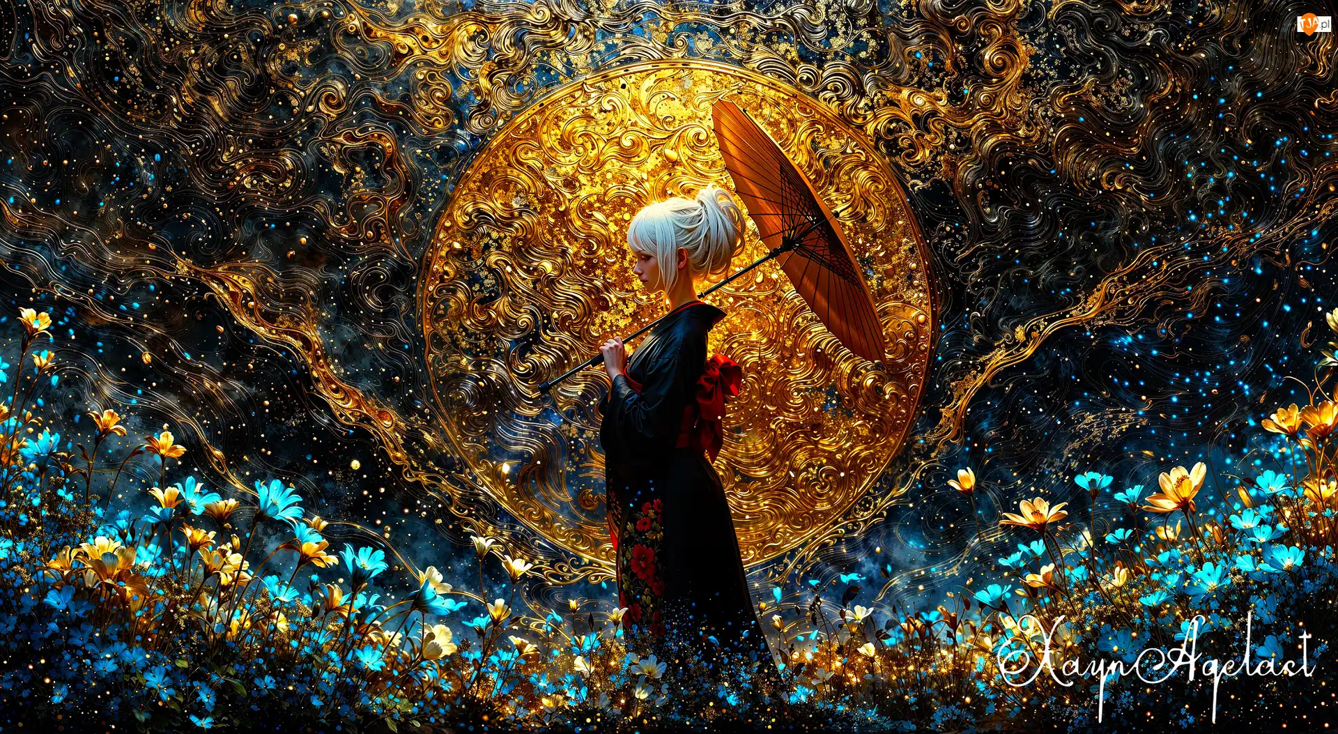 Kimono, Kobieta, Kwiaty, AI, Parasolka, Słońce