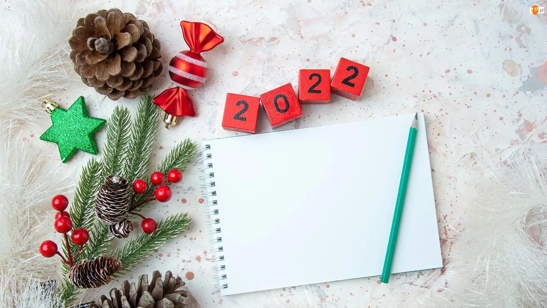 Notatnik, Klocki, Bombki, Kredka, Data, Gałązki, Szyszki Kompozycja, 2022
