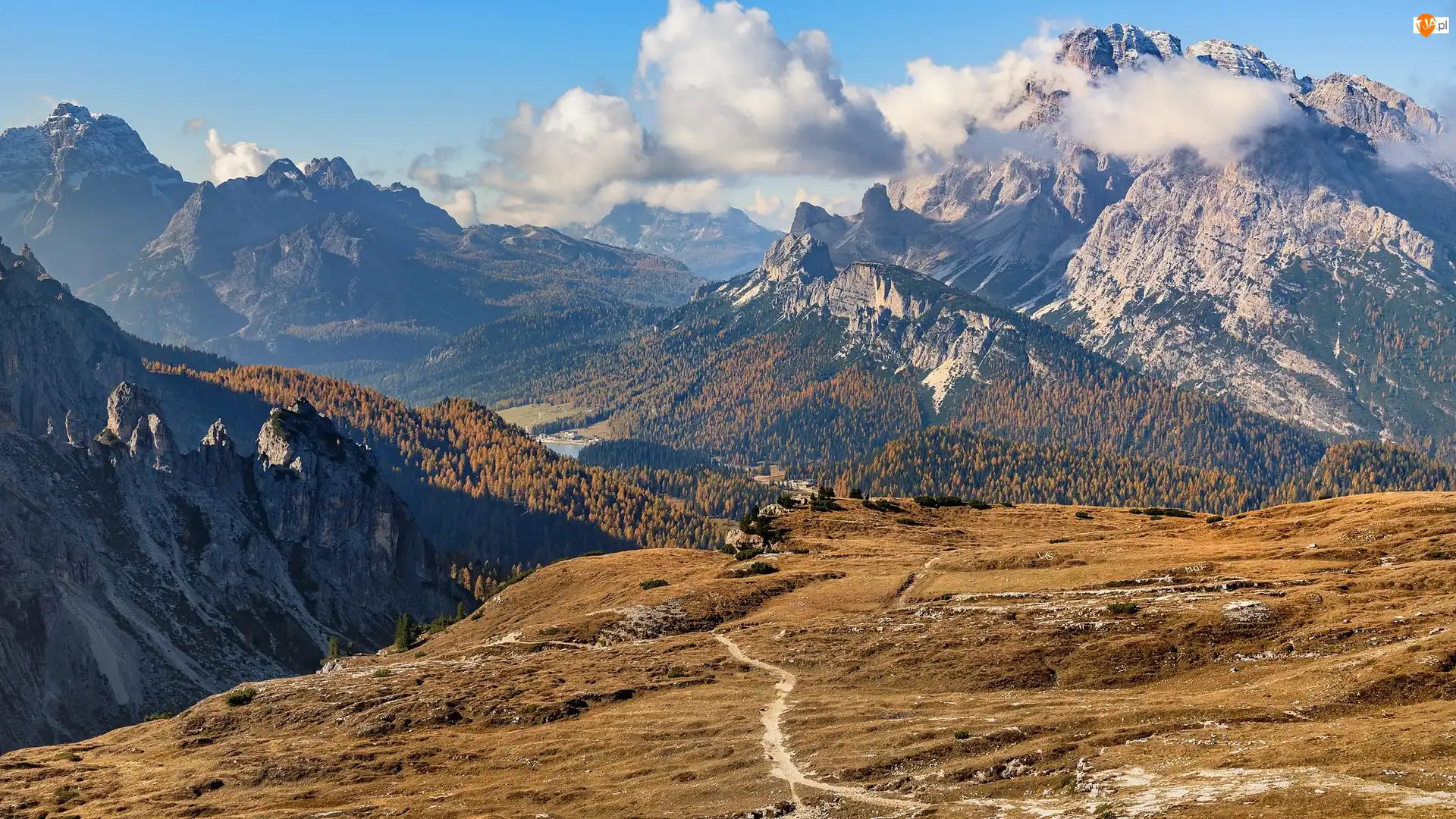 Drzewa, Góry, Misurina Lake, Chmury, Dolomity, Ścieżka, Włochy, Jezioro