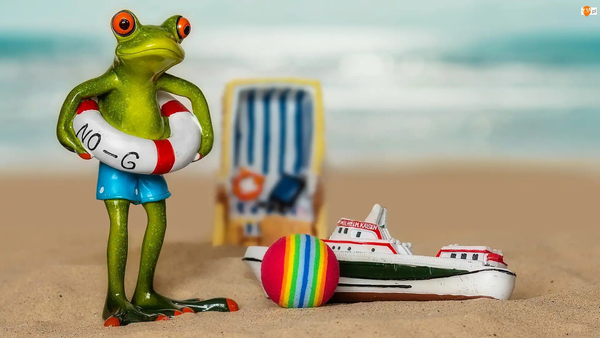 Koło ratunkowe, Żaba, Plaża, Kompozycja, Piłka, Piasek