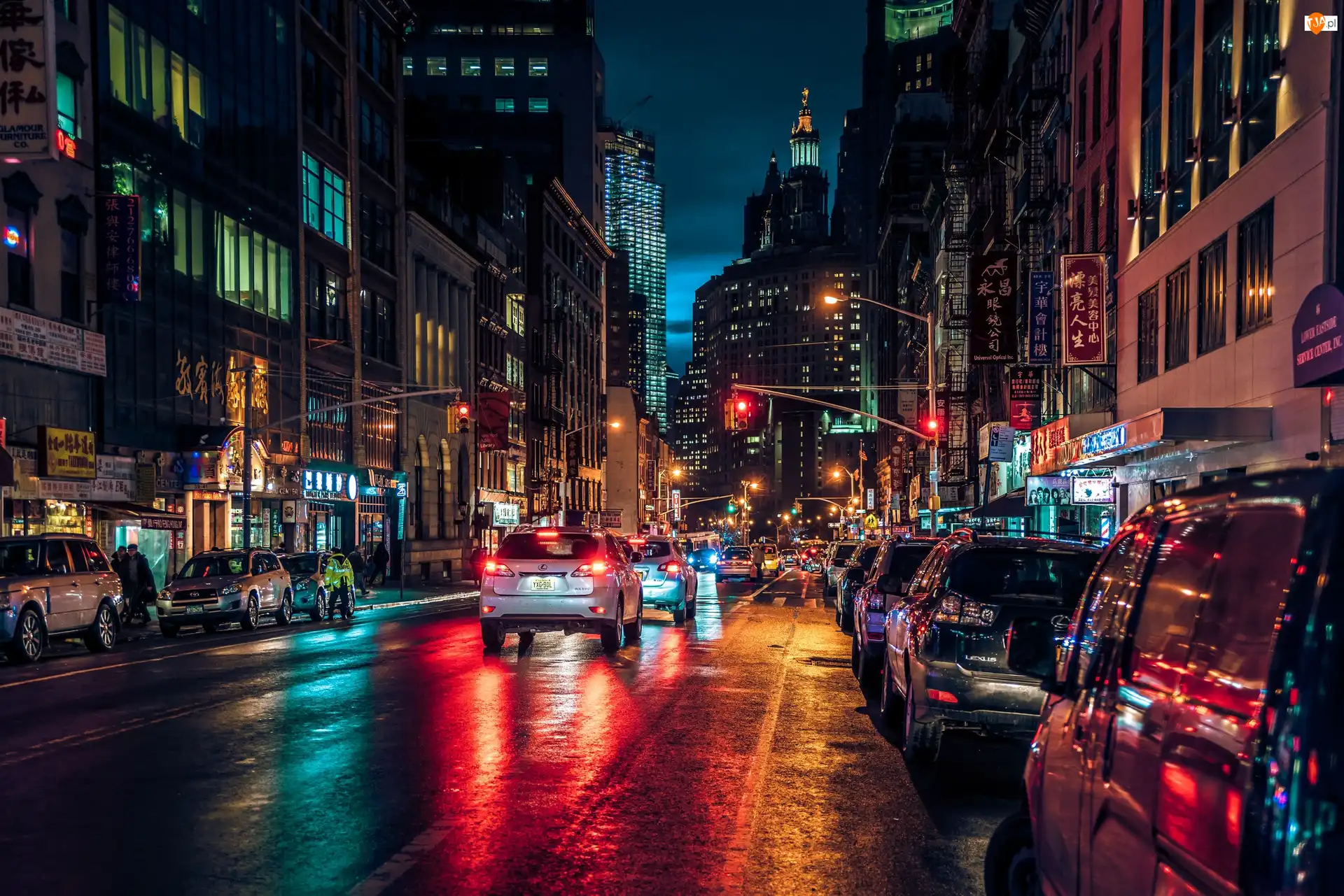 Samochody, Stany Zjednoczone, Ulica, Noc, Nowy Jork, East Broadway, Światła, Manhattan