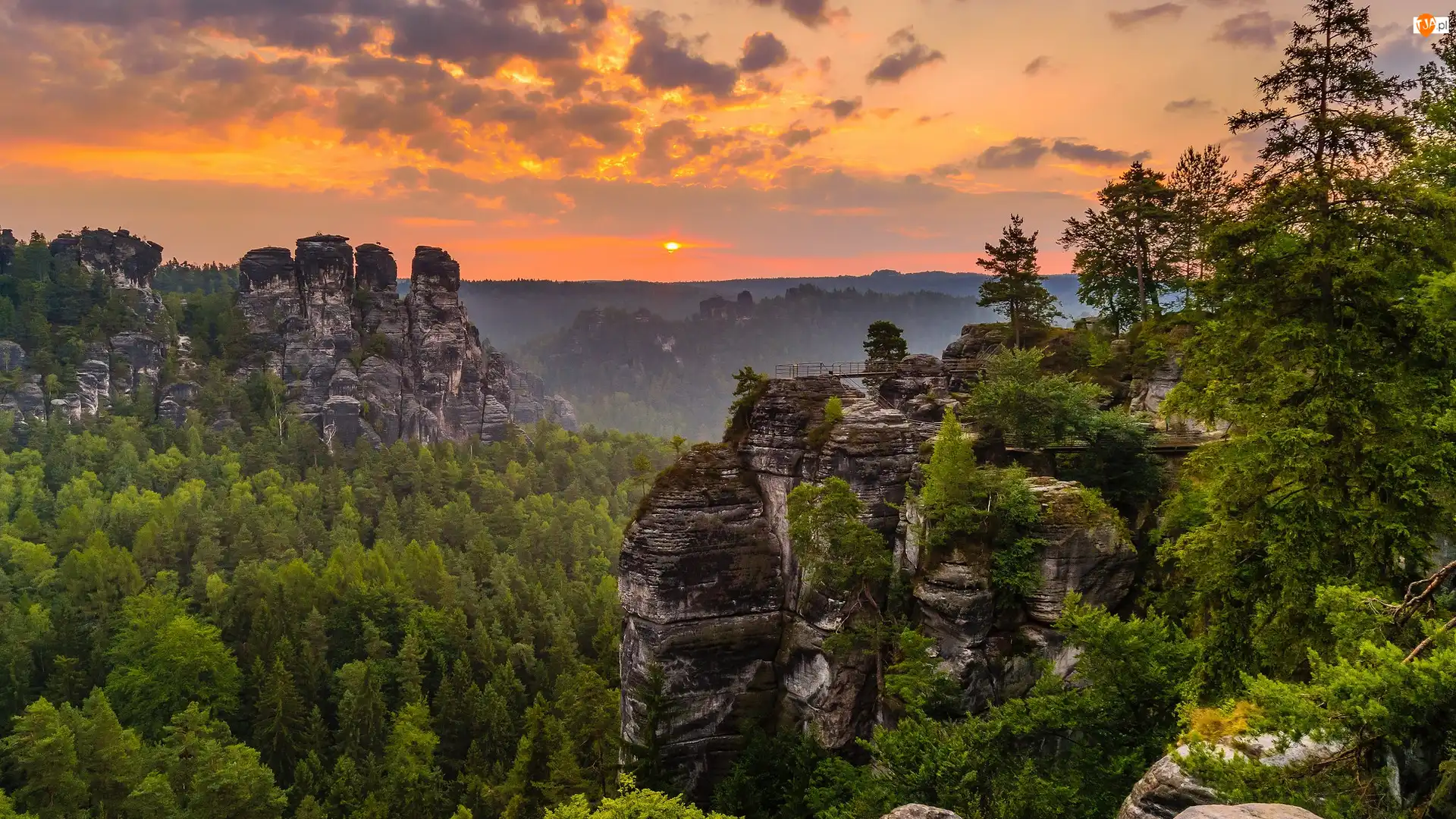 Góry Połabskie, Skały, Zachód słońca, Niemcy, Drzewa, Park Narodowy Saskiej Szwajcarii