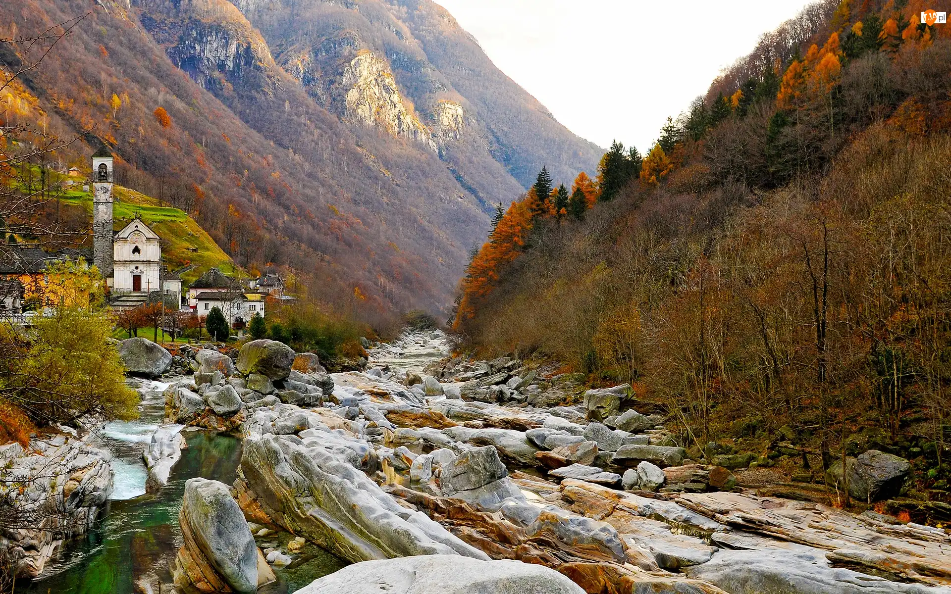Rzeka, Kościół, Jesień, Góry, Kamienie