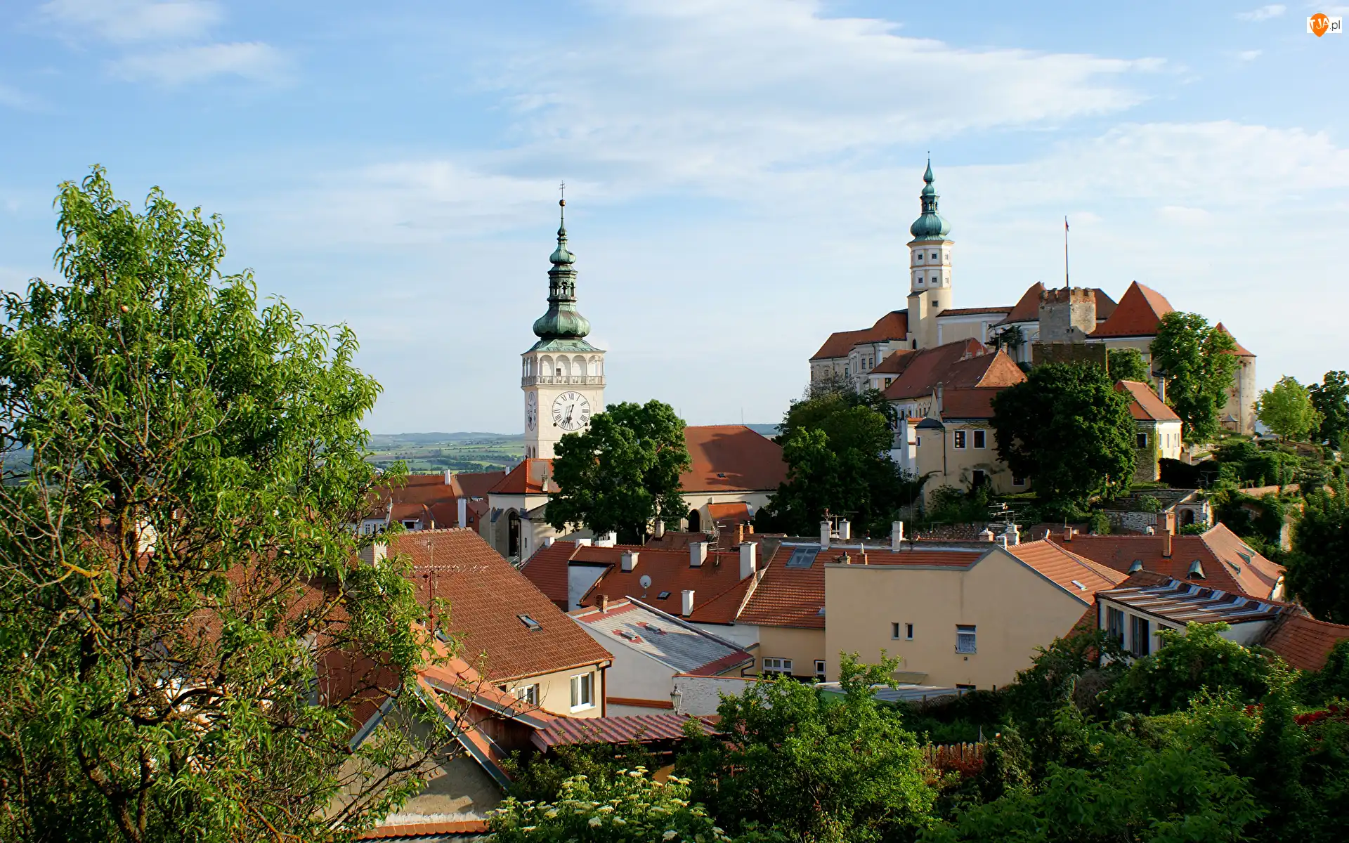 Wieże, Czechy, Pałac, Domy, Południowe Morawy, Pałac w Mikulovie, Drzewa, Mikulov