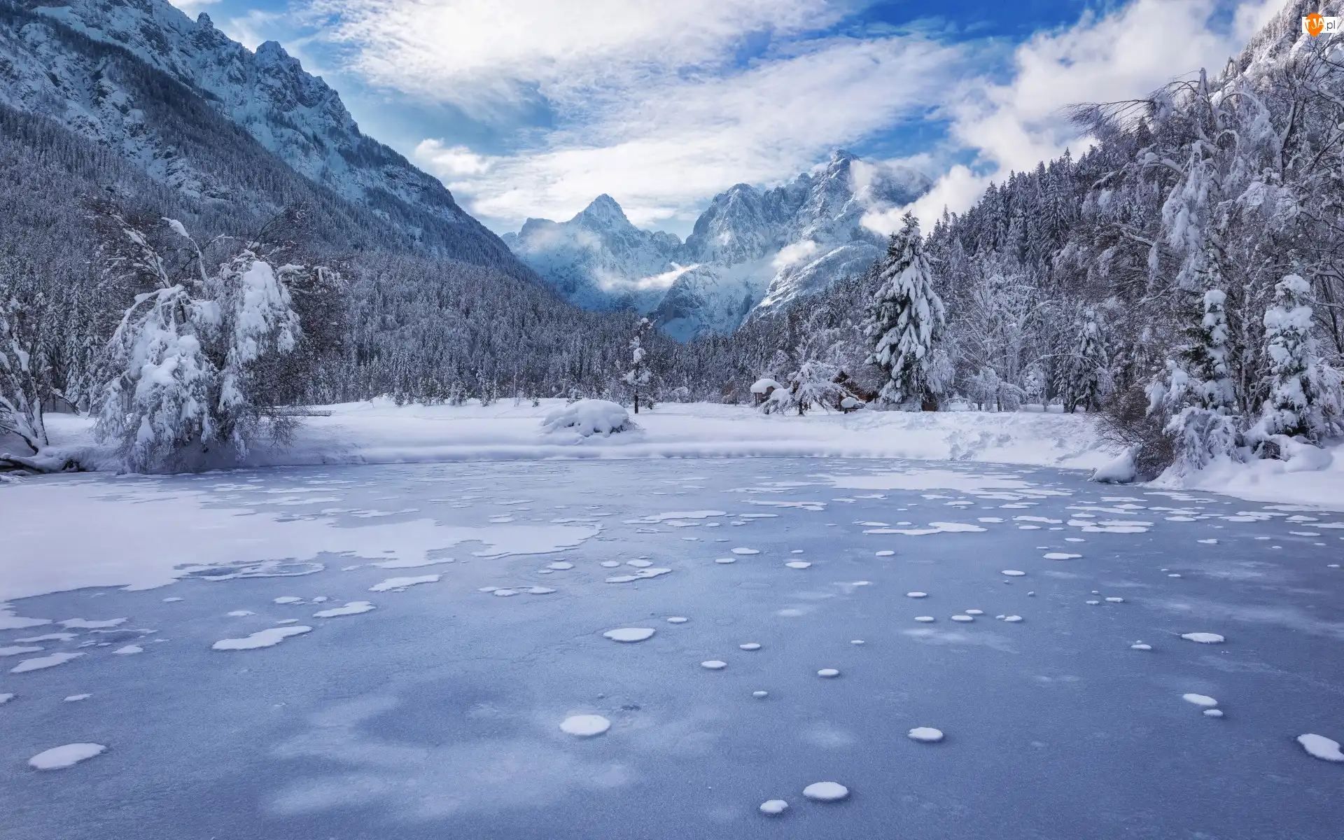 Alpy Julijskie, Zima, Drzewa, Kranjska Gora, Jezioro Jasna, Góry, Słowenia, Lasy