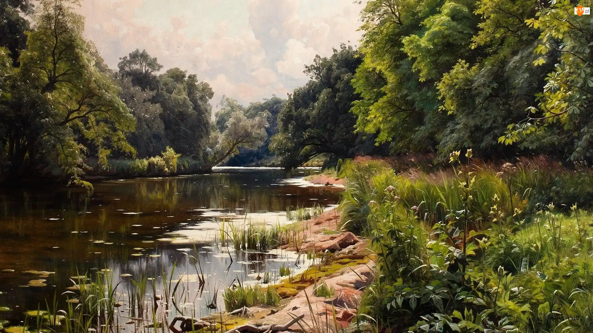 Malarstwo, Peder Mork Monsted, Roślinność, Obraz, Drzewa, Rzeka, Pejzaż