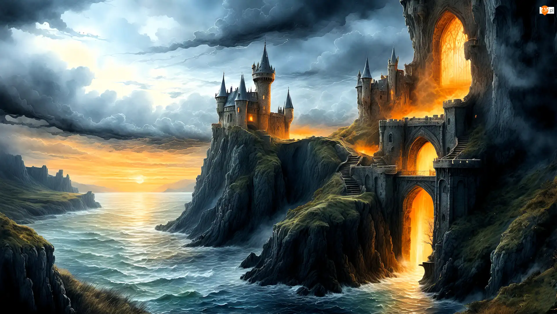 Morze, Skały, Fantasy, Grafika, Chmury, Światło, Zamek