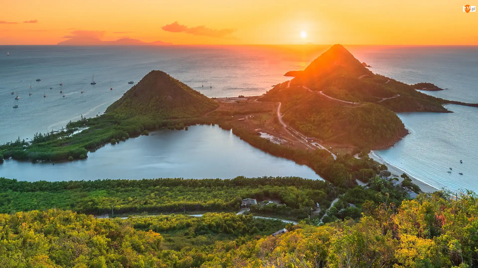 Antigua i Barbuda, Góry, Wyspa Antigua, Pearns Point, Jennings, Morze, Zatoki, Półwysep, Zachód słońca