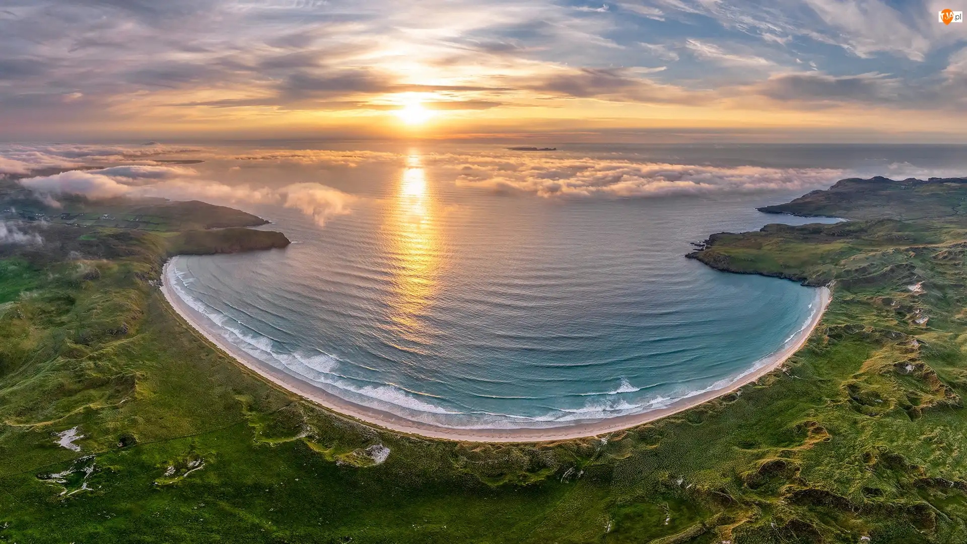 Hrabstwo Donegal, Morze, Zachód słońca, Irlandia, Przylądek Horn Head Peninsula, Tramore Beach, Plaża
