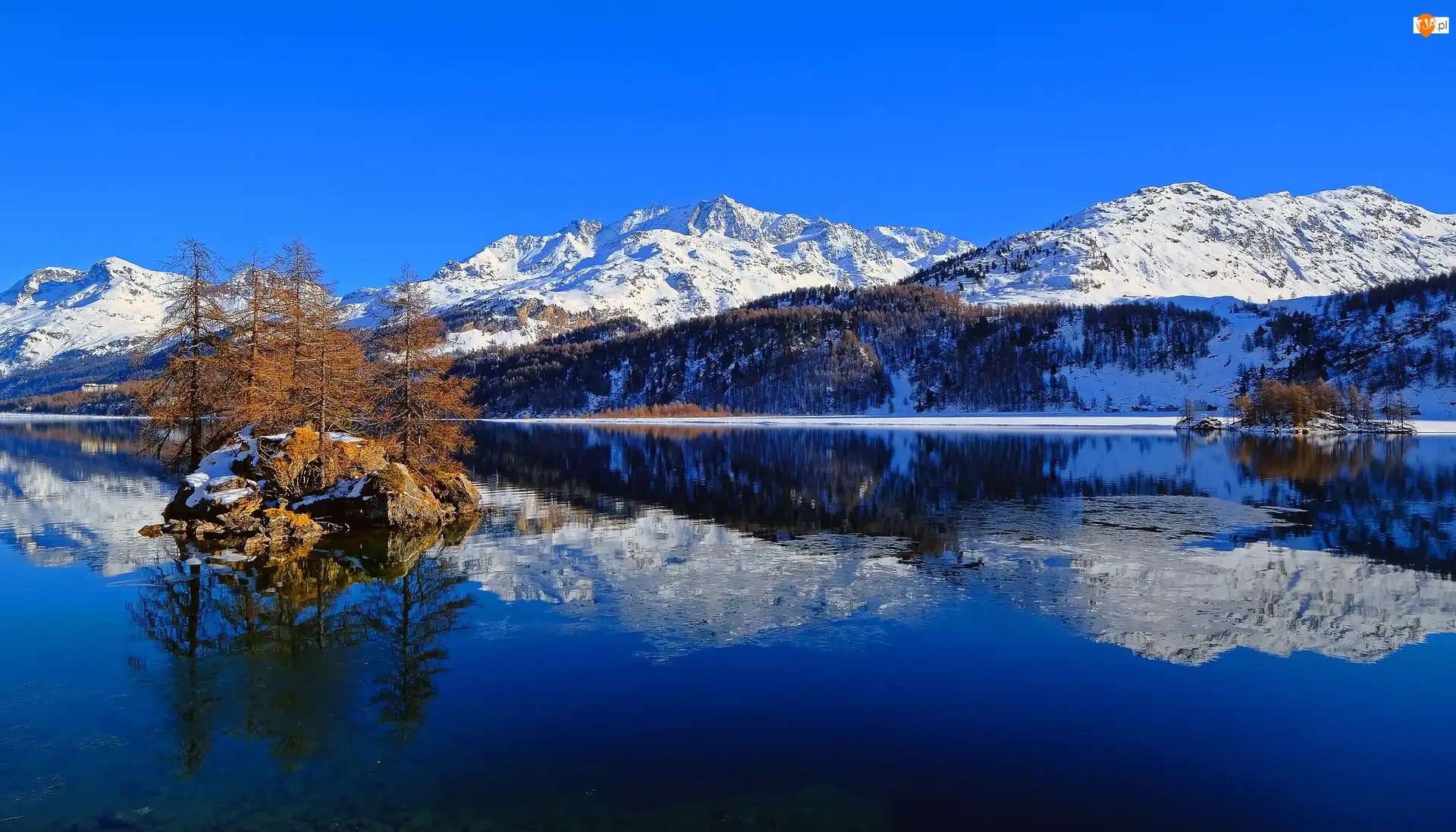 Szwajcaria, Zima, Odbicie, Jezioro Bergsee, Drzewa, Wyspa, Góry