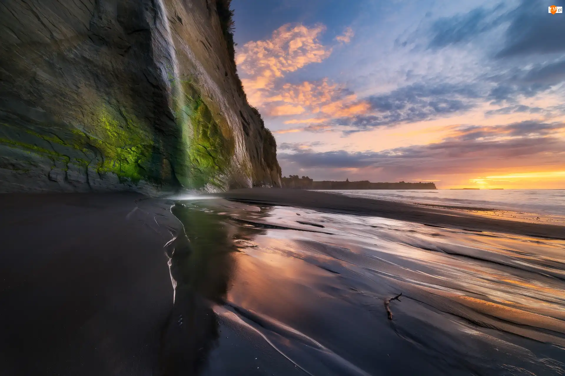 Klif, Zachód słońca, White Cliffs Walkway, Nowa Zelandia, Morze, Region Taranaki