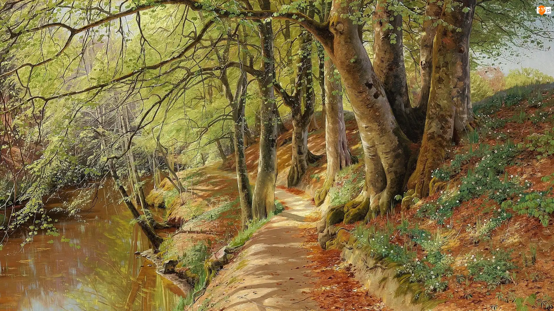Malarstwo, Las, Ścieżka, Peder Mork Monsted, Kwiaty, Rzeka, Drzewa