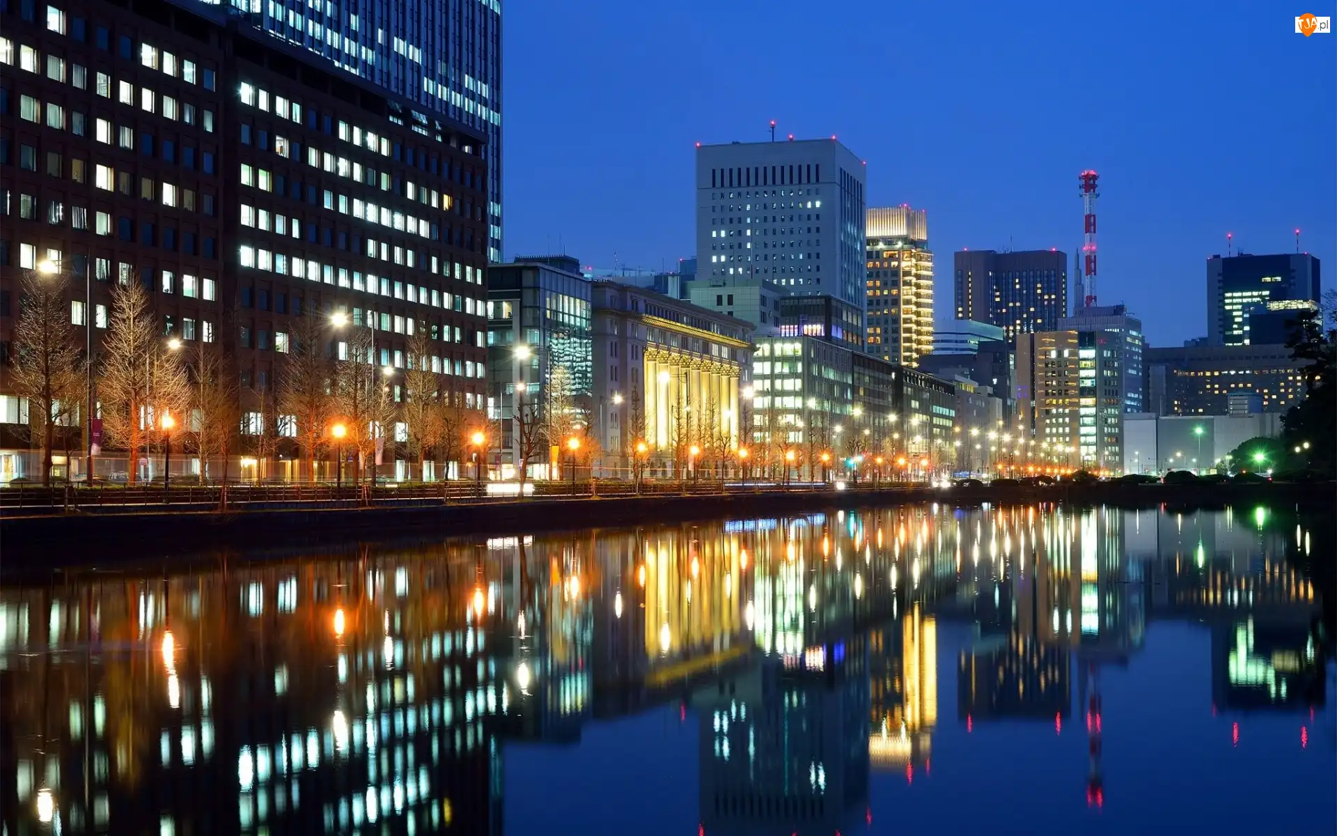 Japonia, Odbicie, Domy, Miasto Nocą, Woda