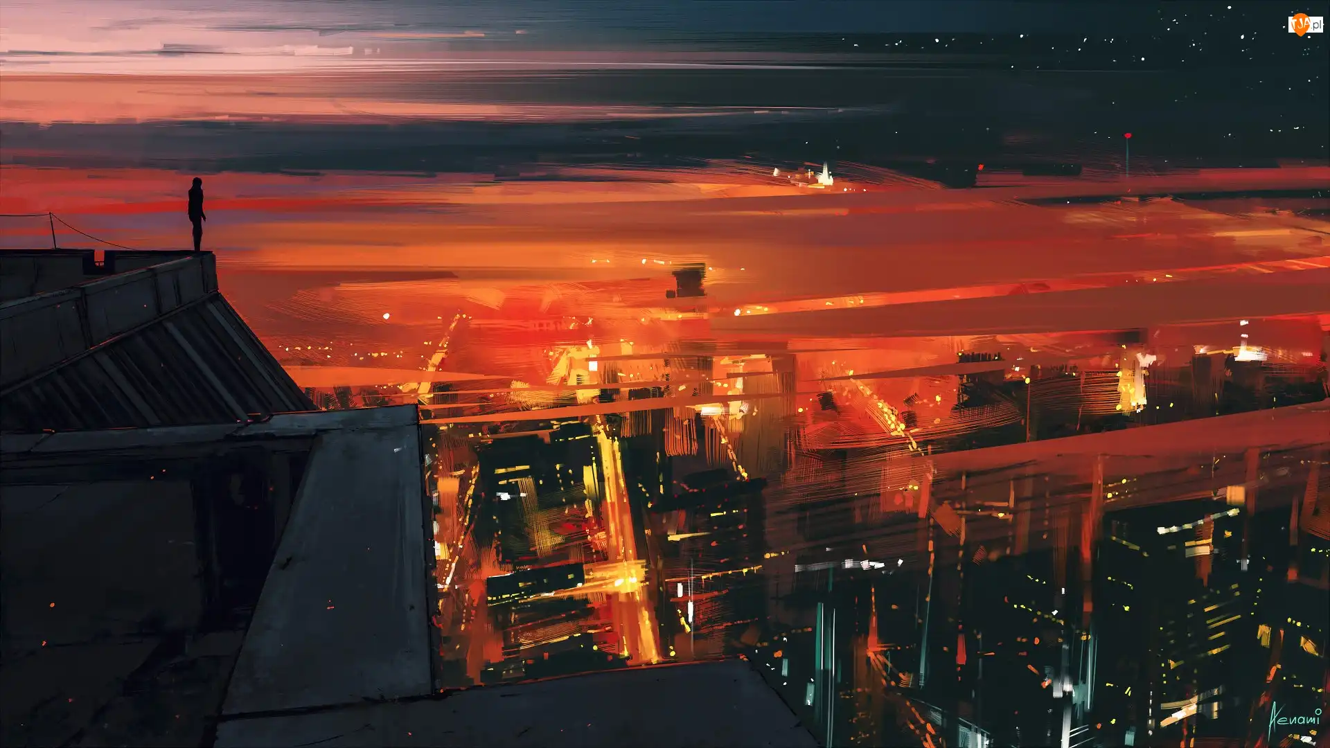 Dach, Digital Art, Miasto nocą, Postać
