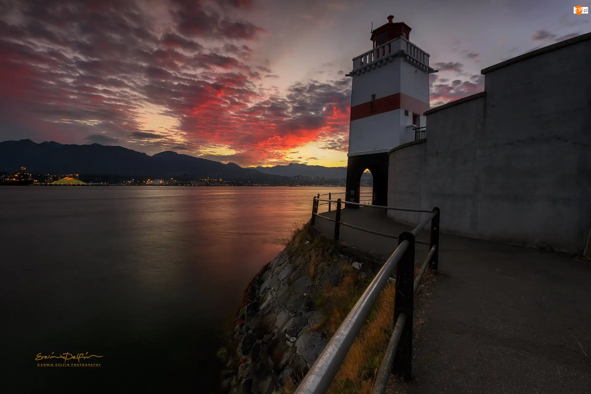 Zatoka, Morze, Kanada, Wschód słońca, Vancouver, Stanley Park, Latarnia morska Brockton Point