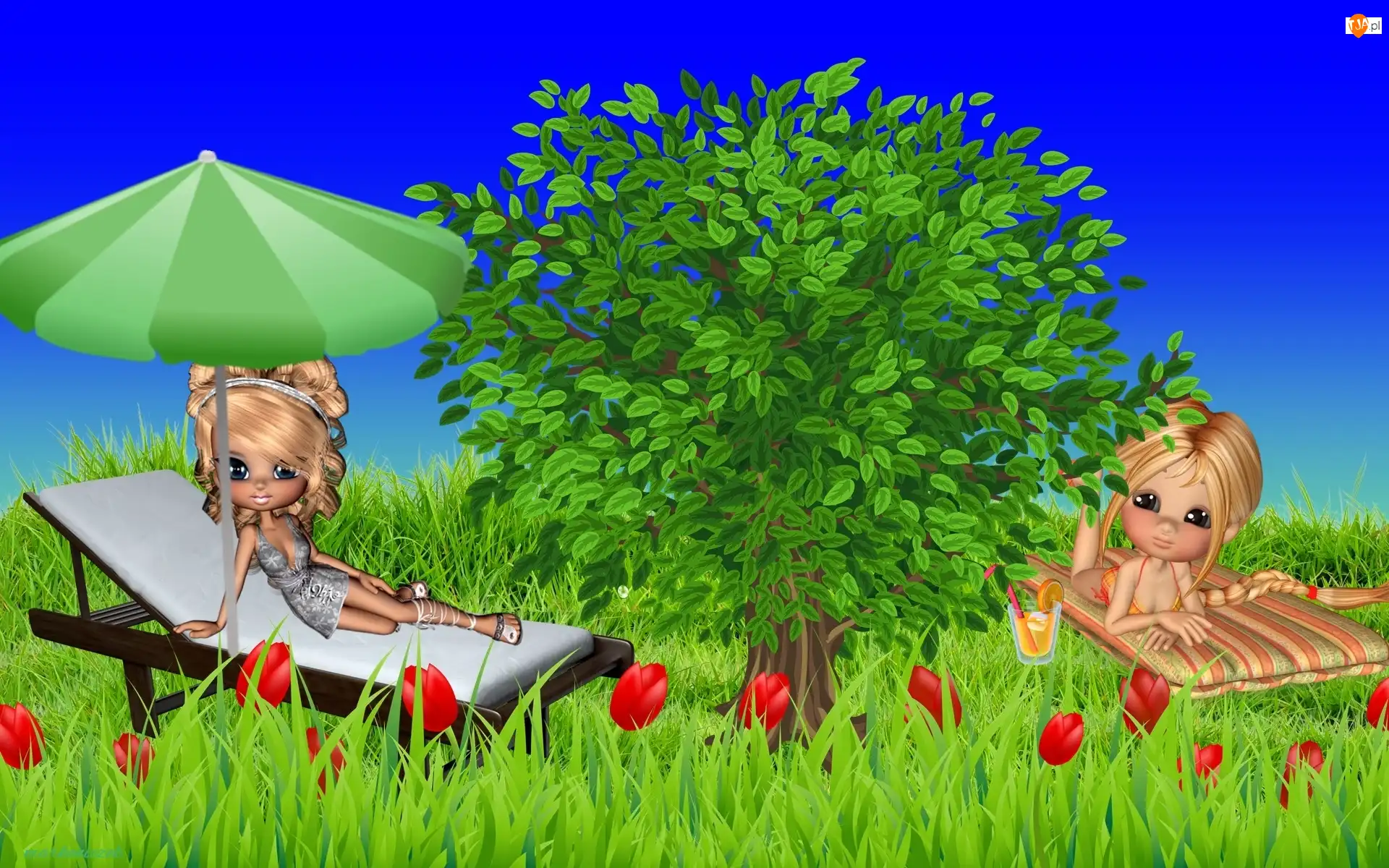 Leżak, Łąka, Kwiaty, Grafika 2D, Drzewo, Parasol