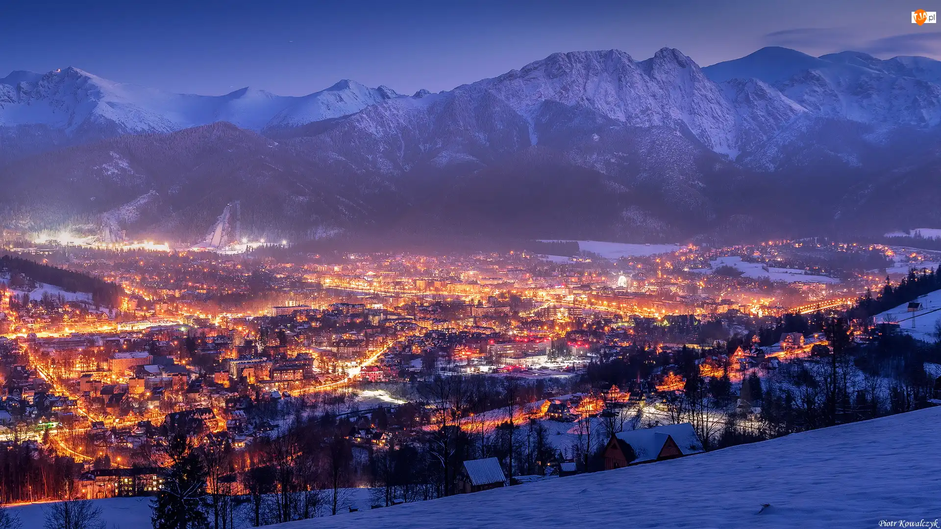 Góry, Zima, Miasto, Polska, Oświetlone, Zakopane
