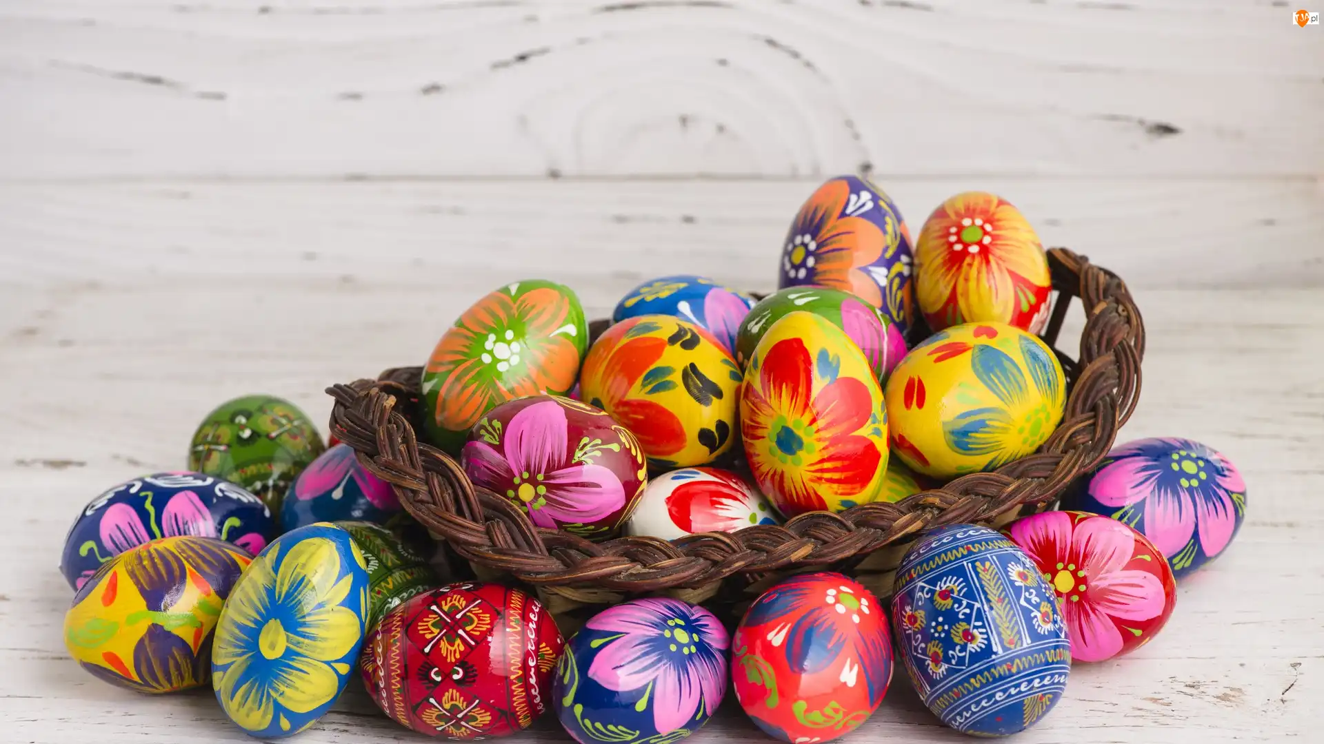 Kolorowe, Wielkanoc, Koszyk, Deski, Pisanki, Białe