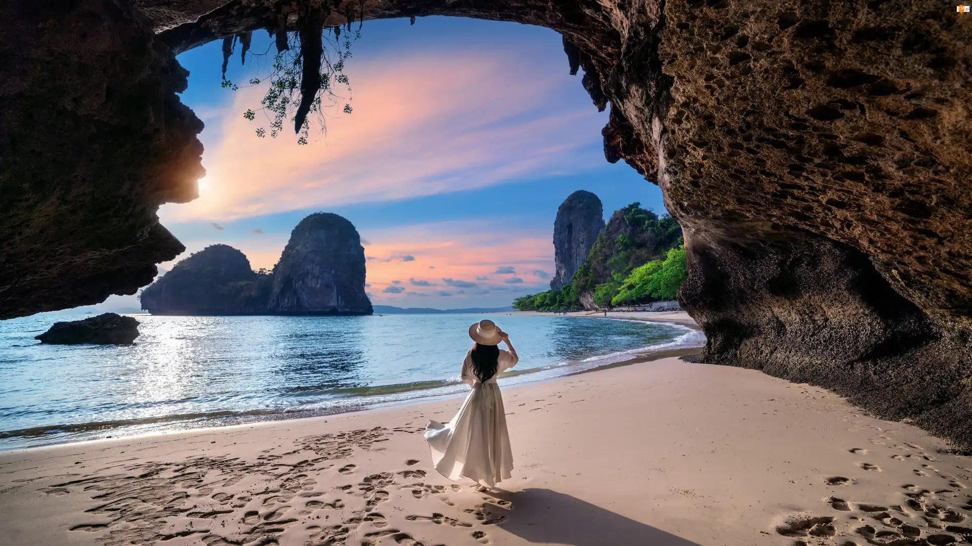 Kapelusz, Biała, Tajlandia, Kobieta, Skały, Plaża Railay, Sukienka