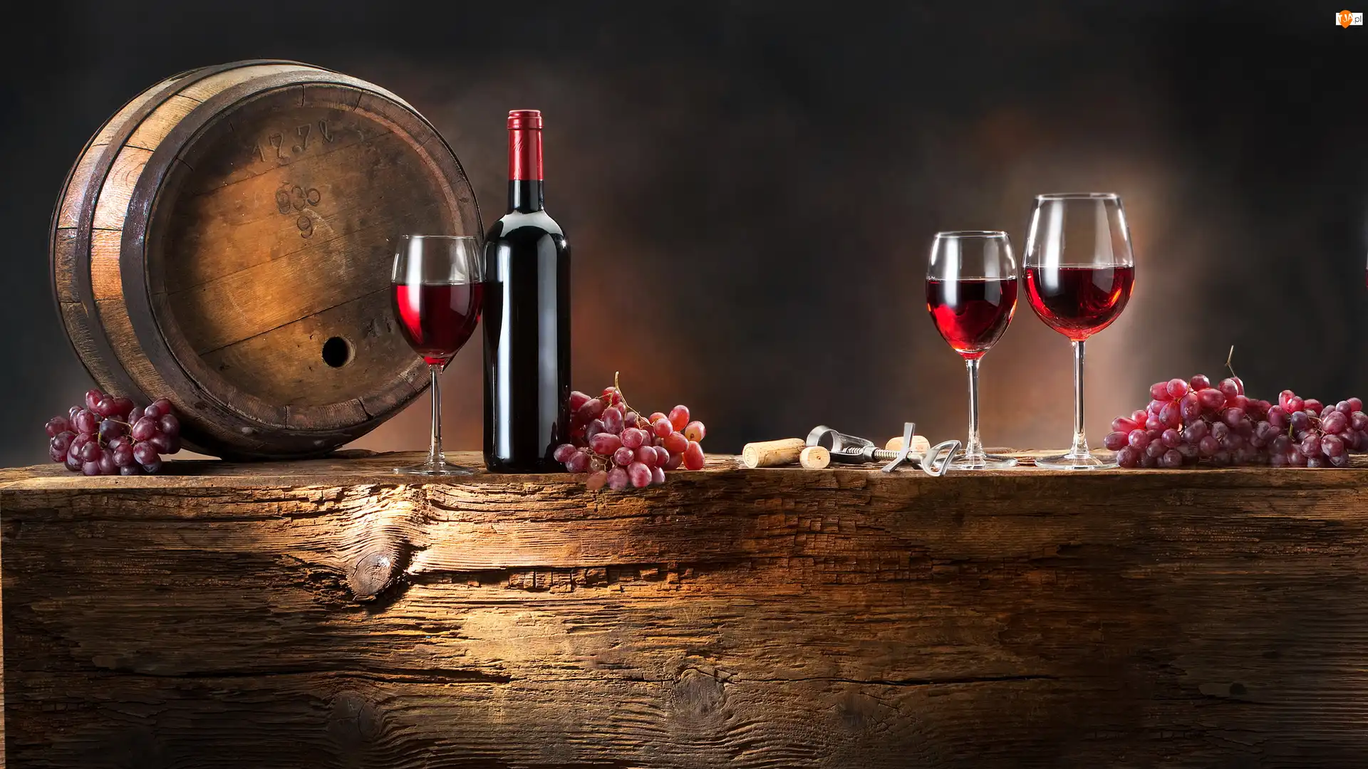 Winogrona, Kompozycja, Butelka, Beczka, Czerwone, Kieliszki, Korkociągi, Wino