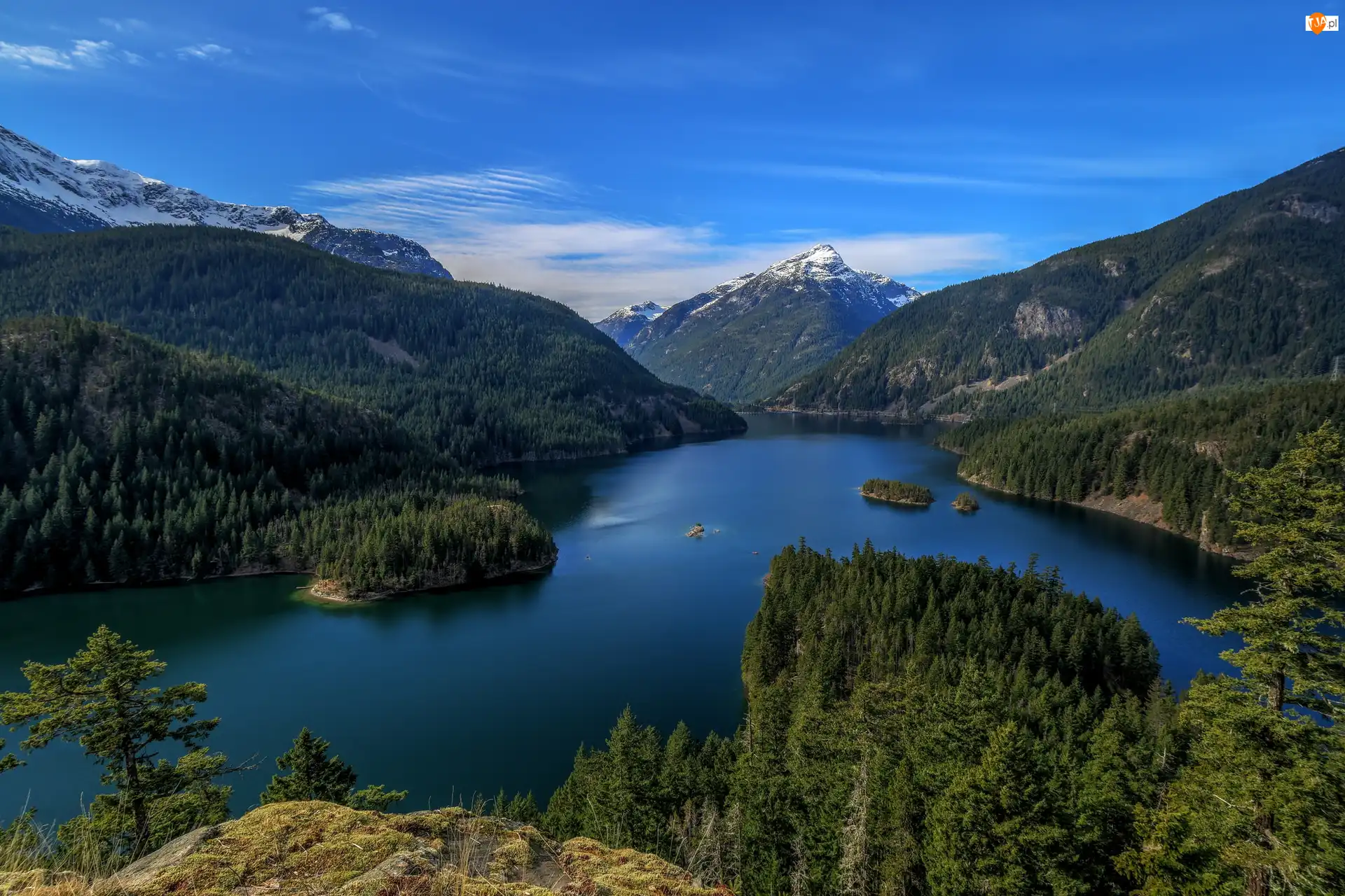 Lasy, Park Narodowy Północnych Gór Kaskadowych, Góry, Stan Waszyngton, Jezioro, Drzewa, Stany Zjednoczone, Diablo Lake