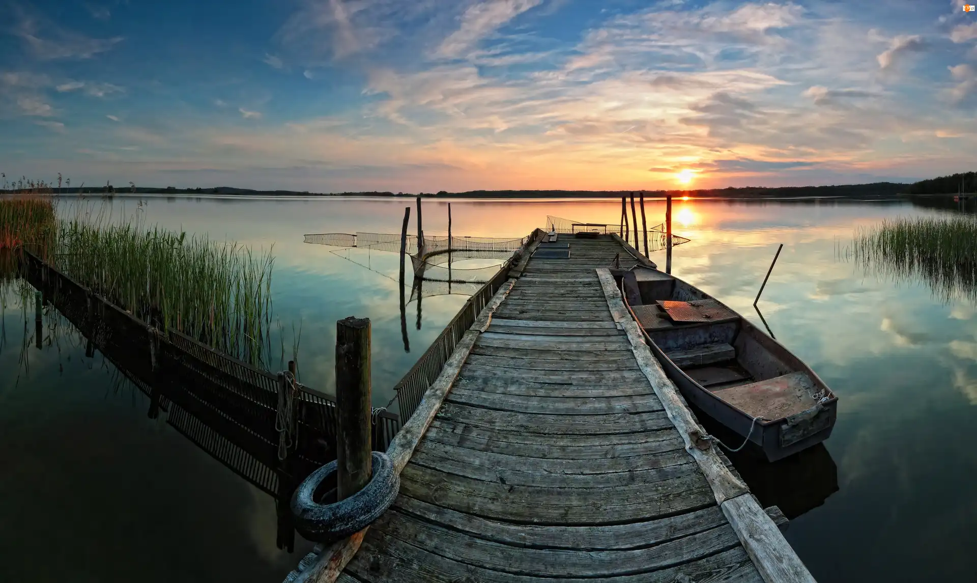 Jezioro, Pomost, Słońca, Zachód, Łódka