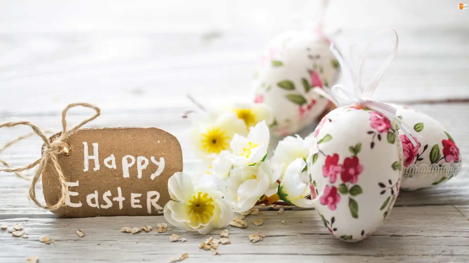 Tekturka, Wielkanoc, Kwiatki, Napis, Pisanki, Deski, Happy Easter, Białe