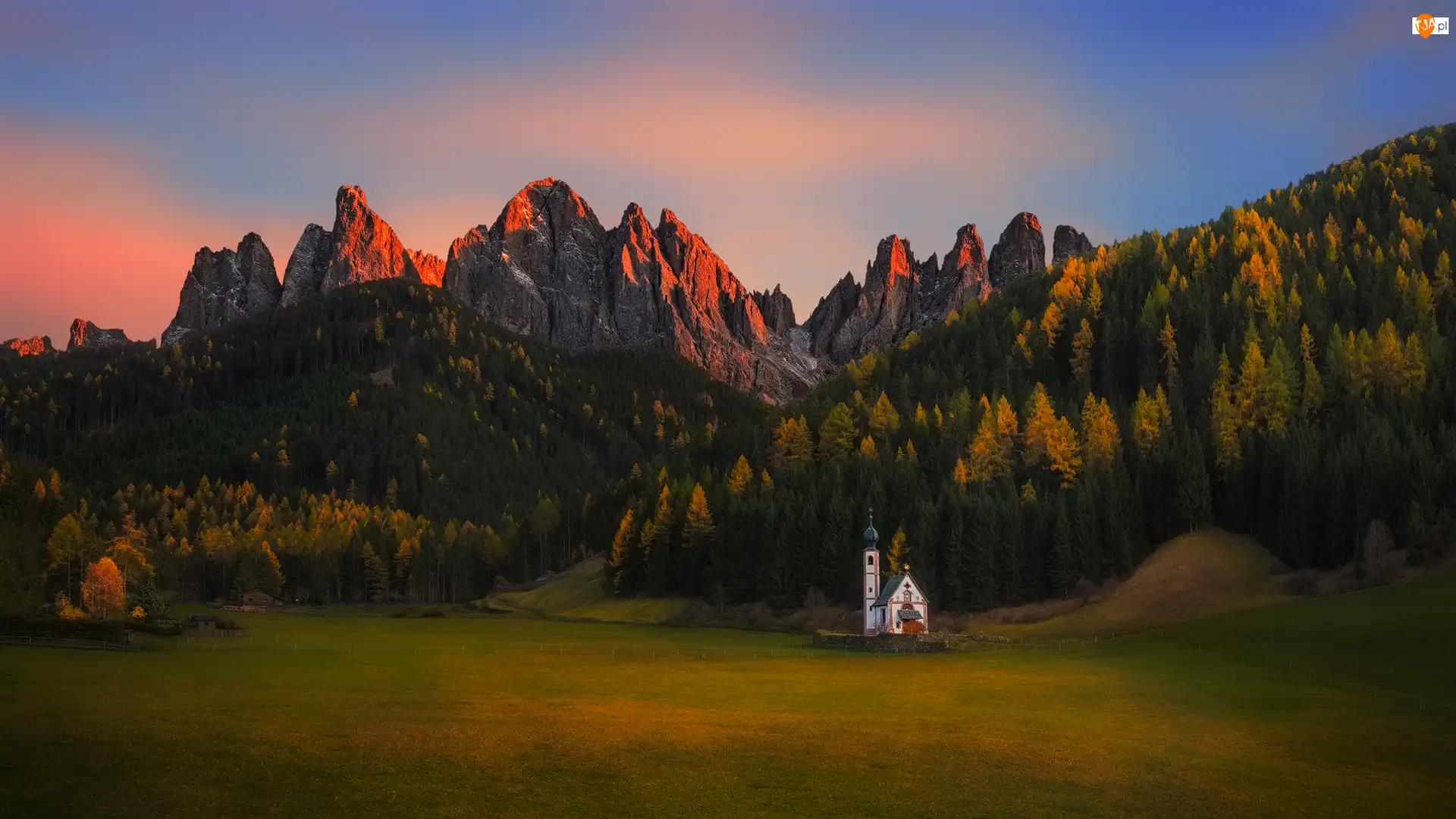 Las, Góry, Włochy, Kościół św. Jana, Dolomity, Góry, Dolina Val di Funes