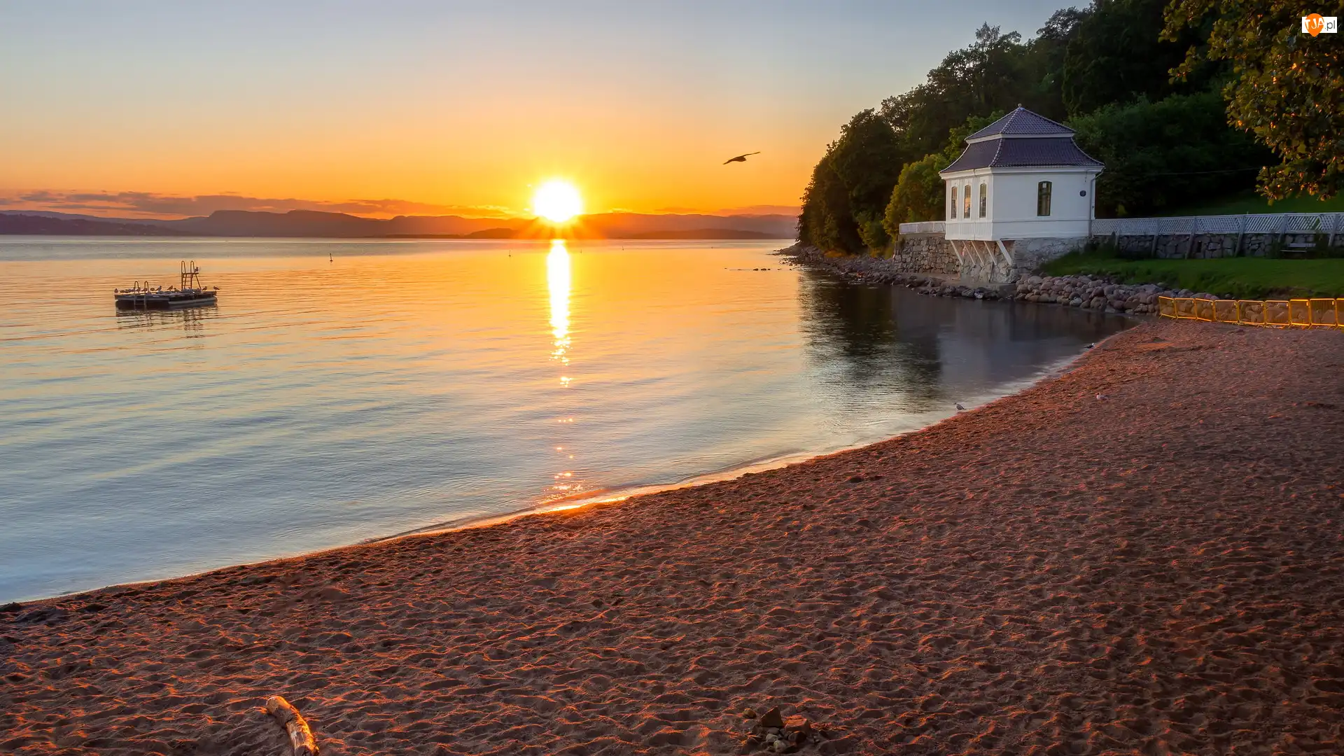 Norwegia, Fiord, Oslo, Teren, Hvervenbukta, Bunnefjorden, Budynek, Zachód słońca, Pawilon