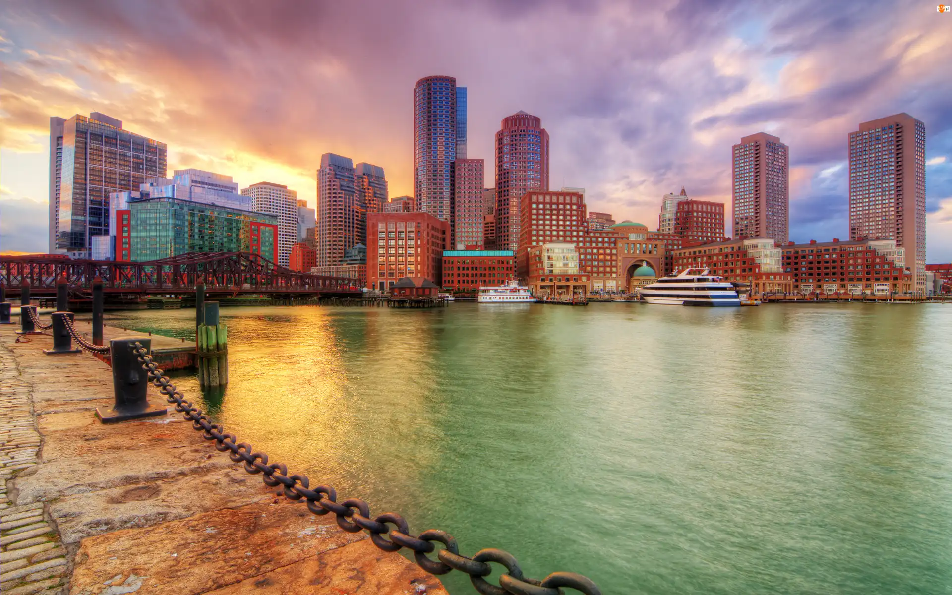 Stan Massachusetts, Boston, Zatoka, USA, Morze, Statki, Domy