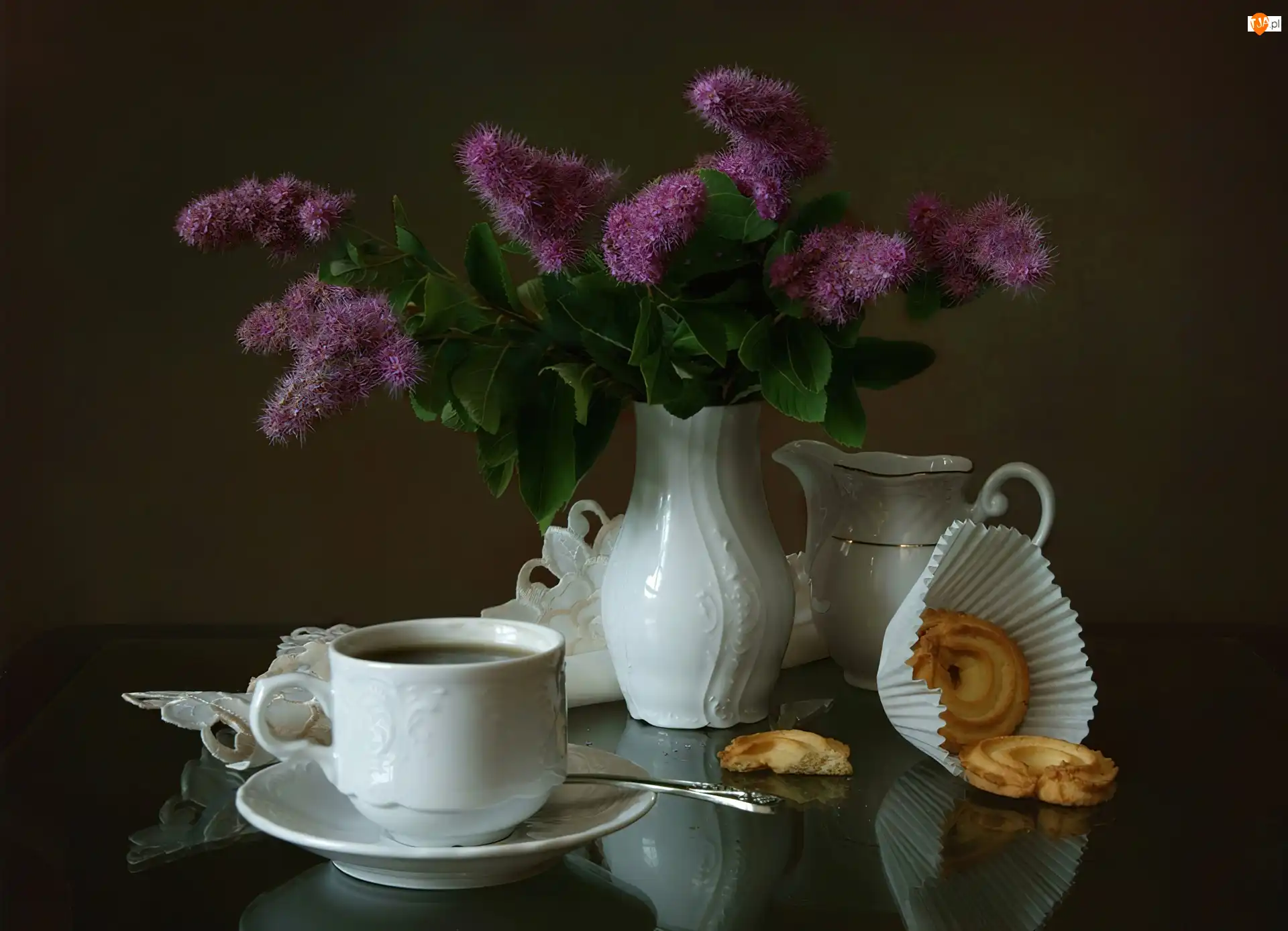 Kwiaty, Biała, Porcelana, Fioletowe