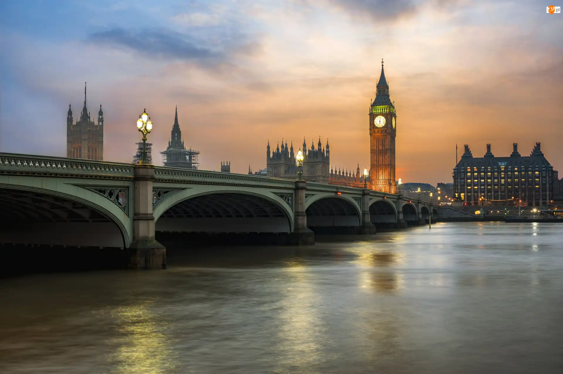 Londyn, Anglia, Most Westminsterski, Zachód Słońca, Rzeka Tamiza, Big Ben