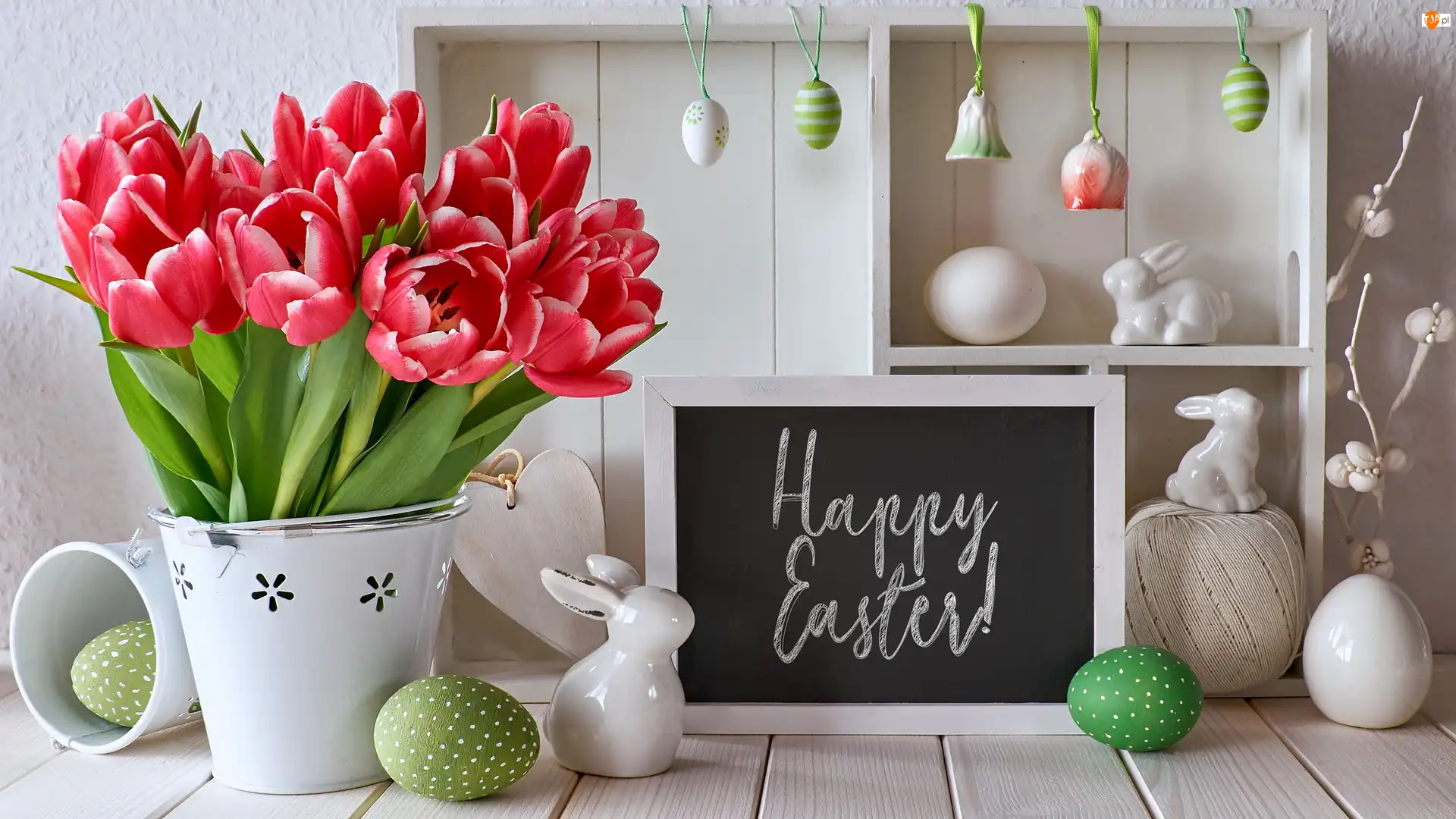 Wielkanoc, Happy Easter, Zawieszki, Napis, Wazon, Tulipany, Zajączki, Pisanki, Tablica, Kompozycja
