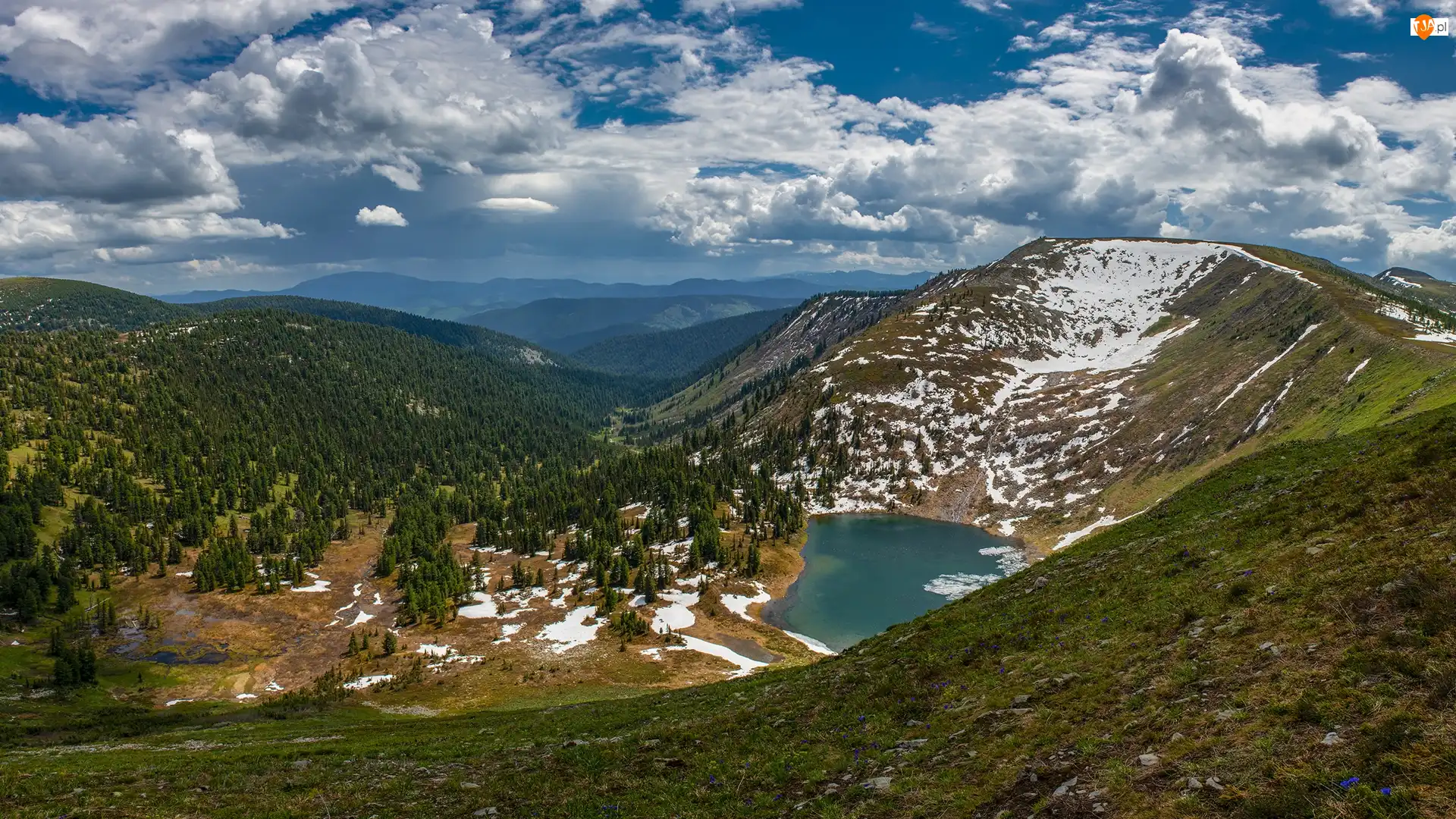 Góry, Śnieg, Lasy, Jezioro, Chmury