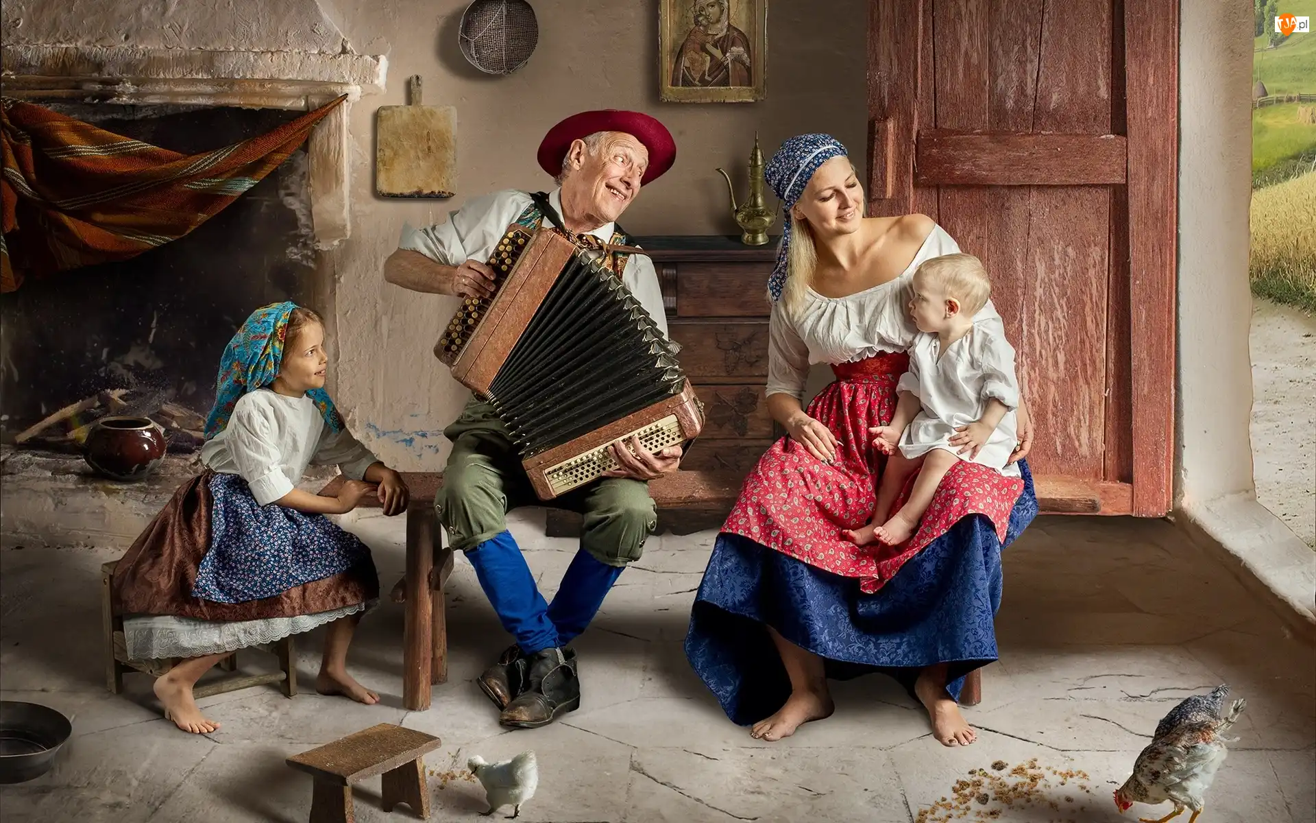 Dziadek, Rodzina, Dzieci, Akordeon, Mama, Izba