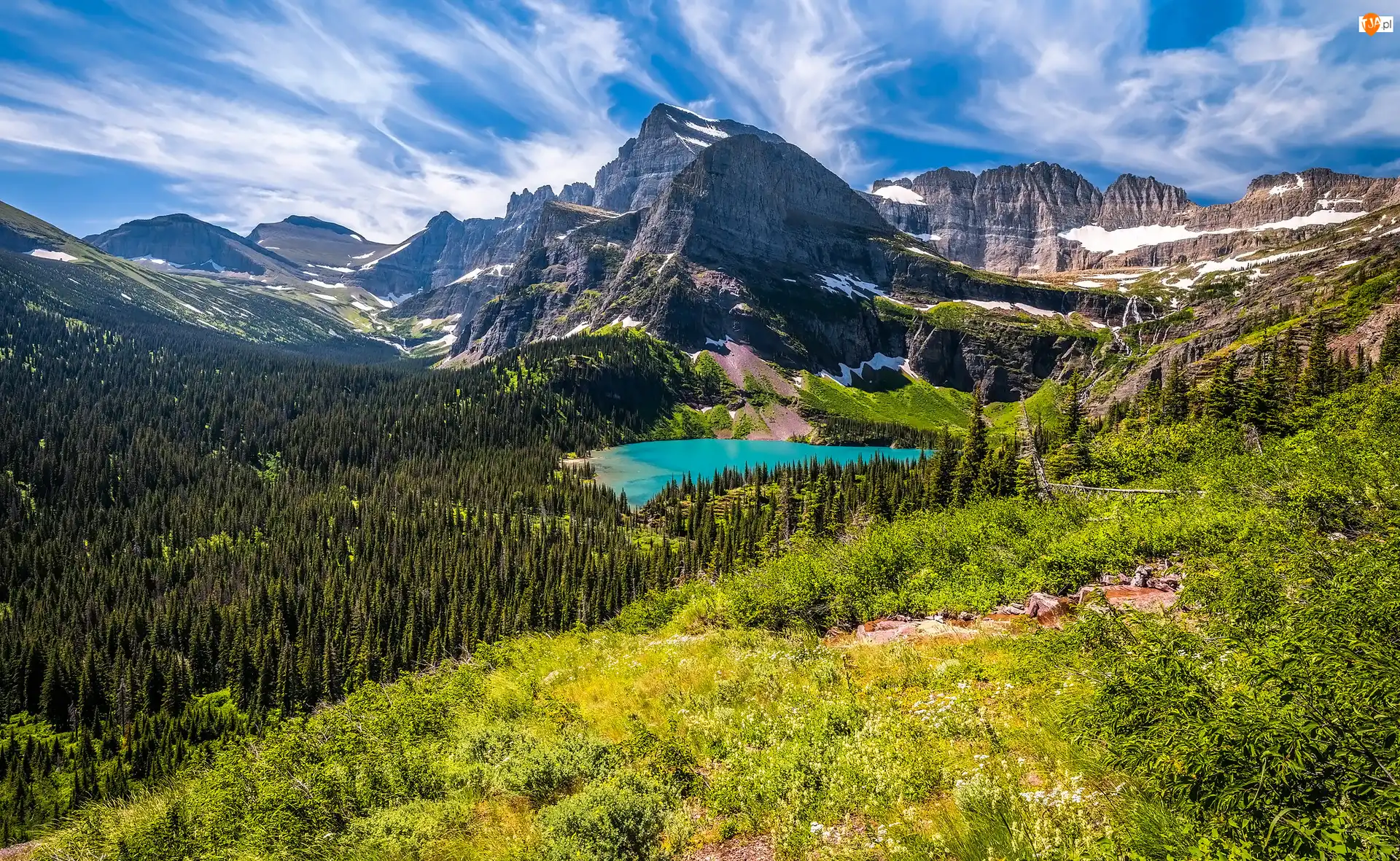 Montana, Stany Zjednoczone, Rośliny, Park Narodowy Glacier, Drzewa, Jezioro, Góry