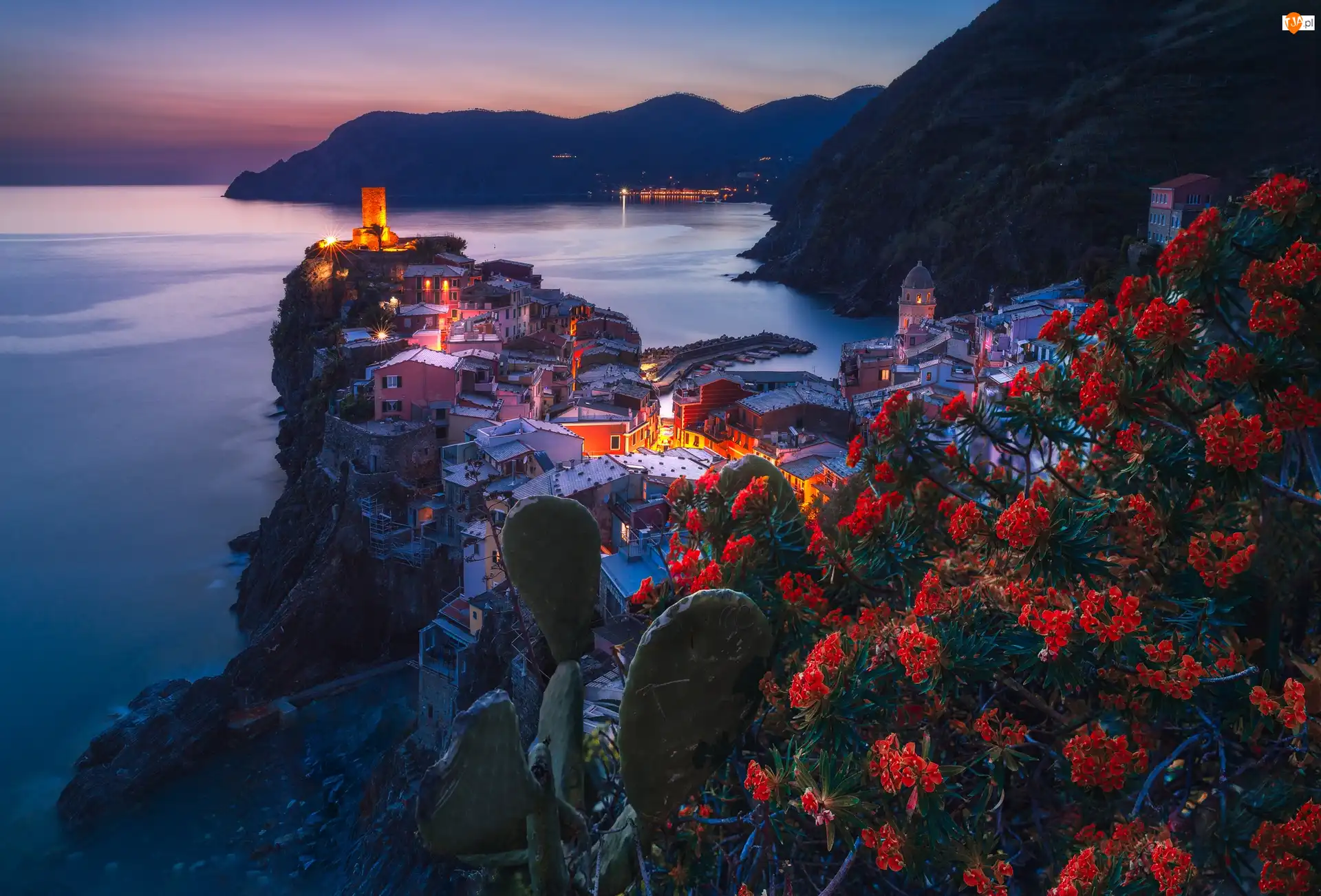 Góry, Włochy, Kwiaty, Domy, Cinque Terre, Morze, Zmierzch, Vernazza