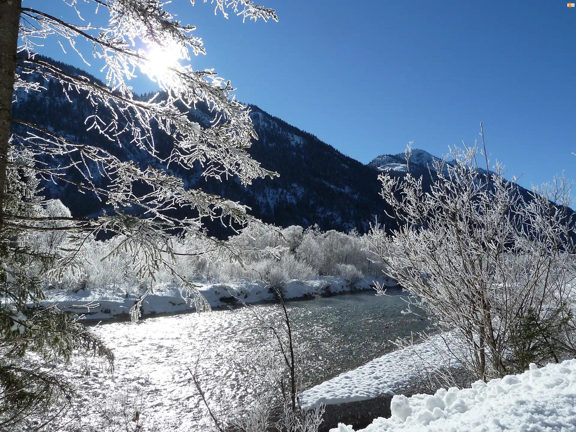 Rzeka, Austria, Słoneczny, Mróz, Śnieg, Poranek