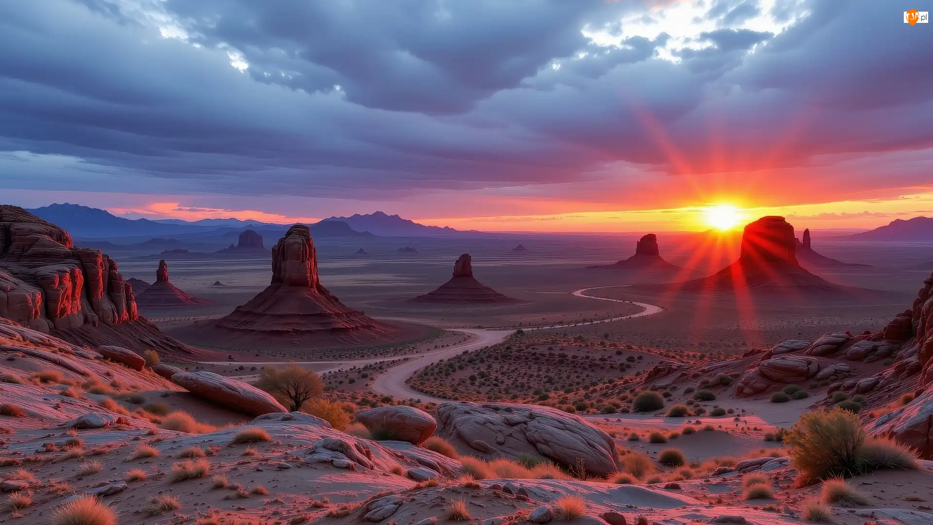 AI, Kręta, Droga, Góry, Arizona, Stany Zjednoczone, Skały, Zachód słońca, Rośliny, Monument Valley