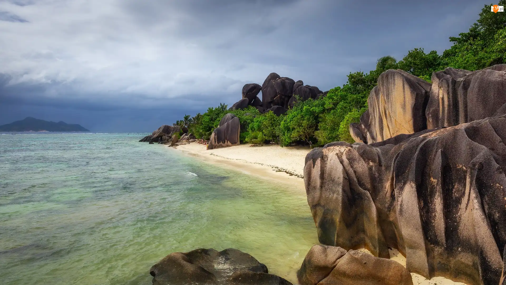 Seszele, Morze, Chmury, Palmy, Roślinność, Skały, Głazy, Wyspa La Digue, Plaża Anse Source dArgent