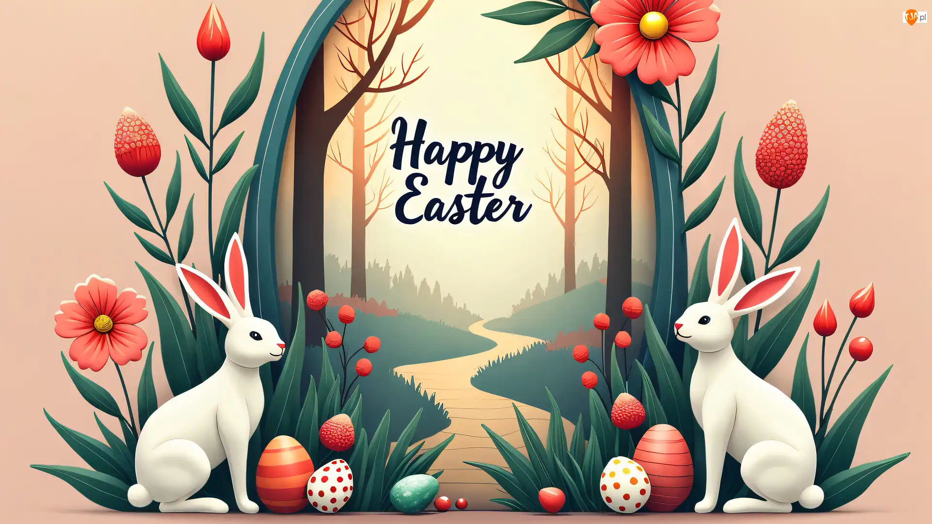 Happy Easter, Wielkanoc, Napis, Czerwone, Kwiaty, Pisanki, Dwa, Grafika, Zające