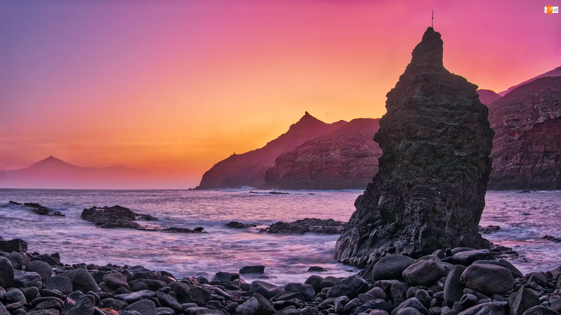 Hiszpania, Morze, Wyspy Kanaryjskie, Playa de Caleta, La Gomera, Wybrzeże, Skały, Wschód słońca, Kamienie