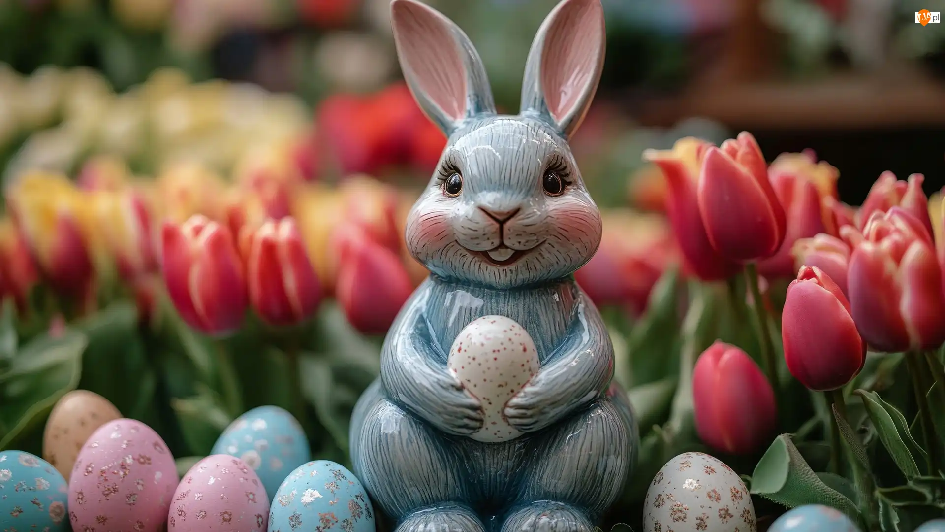 Porcelanowy, Wielkanoc, Pisanki, Grafika, Królik, Tulipany