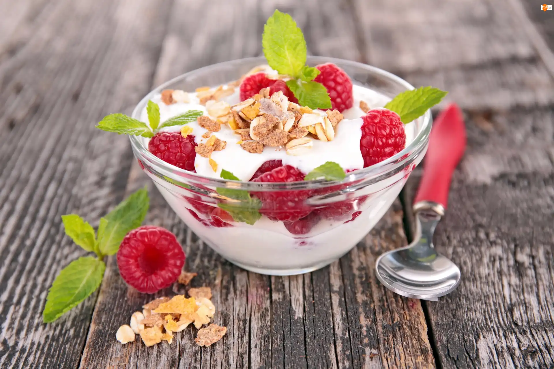 Jogurt, Deser, Mięta, Maliny, Miseczka